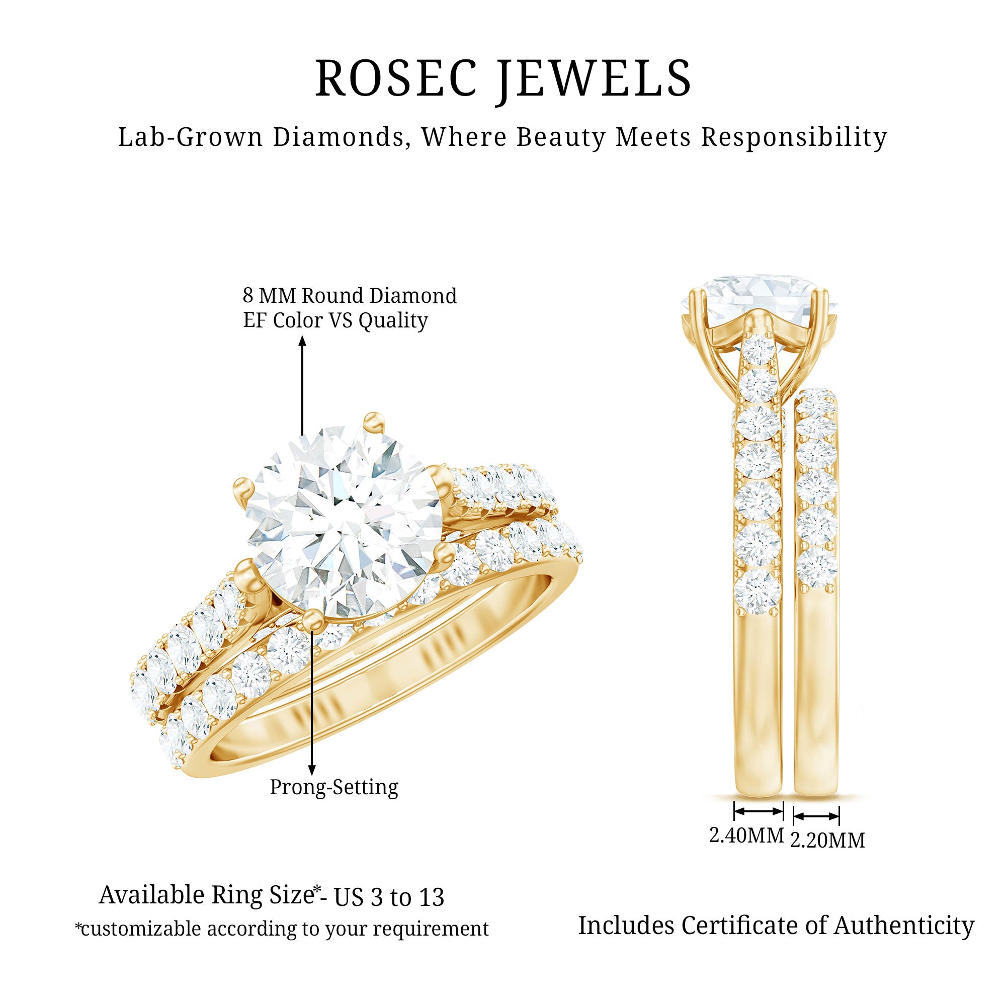 Rosec Jewels-Certified 8 mm Round Lab Grown Diamond Wedding Engagement Ring Set