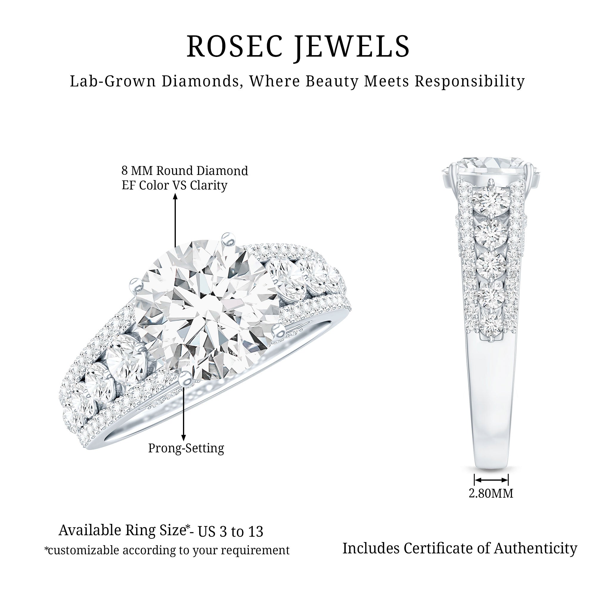 Lab Grown Diamond Statement Engagement Ring With Side Stones Lab - ( EF-VS ) - Rosec Jewels