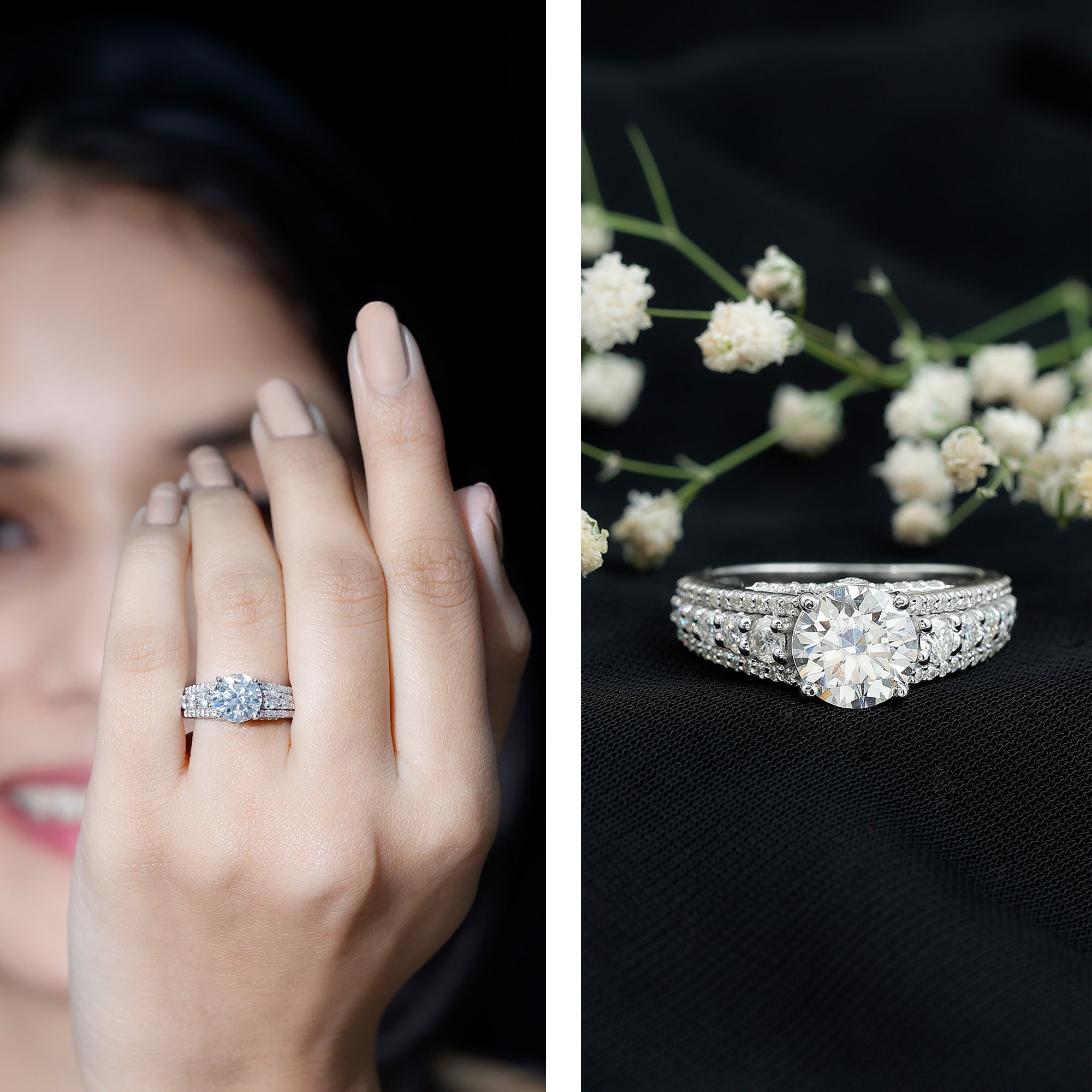 Lab Grown Diamond Statement Engagement Ring With Side Stones Lab - ( EF-VS ) - Rosec Jewels