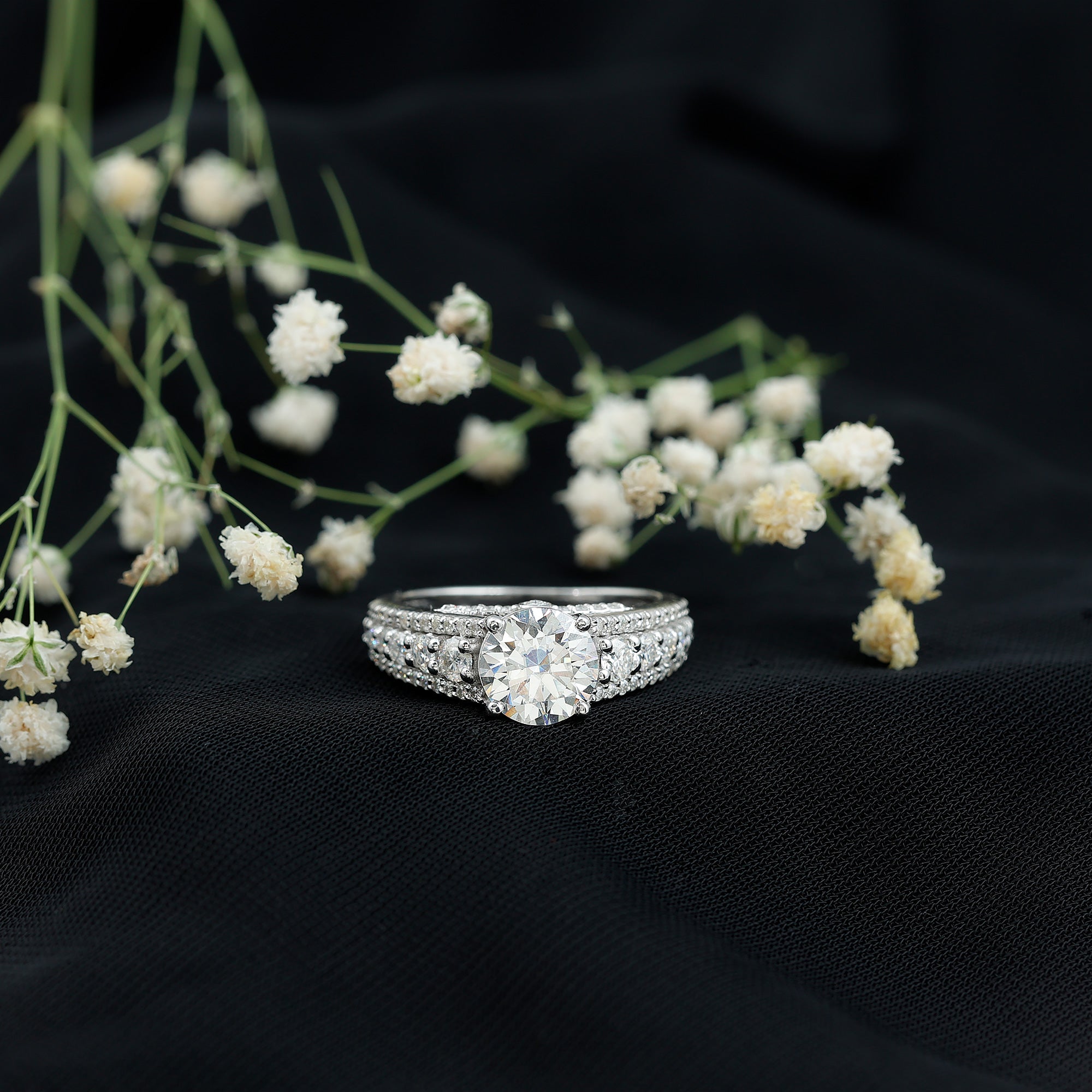 Lab Grown Diamond Statement Engagement Ring With Side Stones Lab - ( EF-VS ) - Rosec Jewels