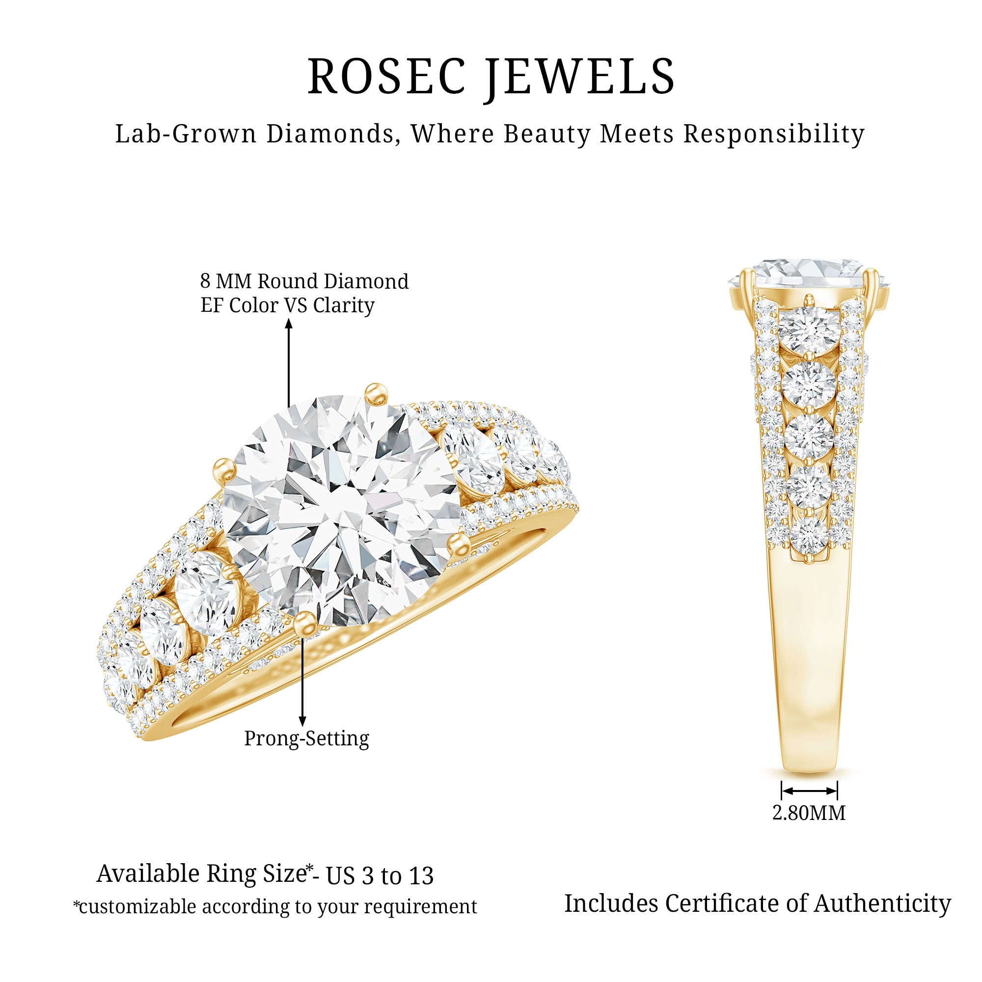 Lab Grown Diamond Statement Engagement Ring With Side Stones Lab - ( EF-VS ) - Rosec Jewels