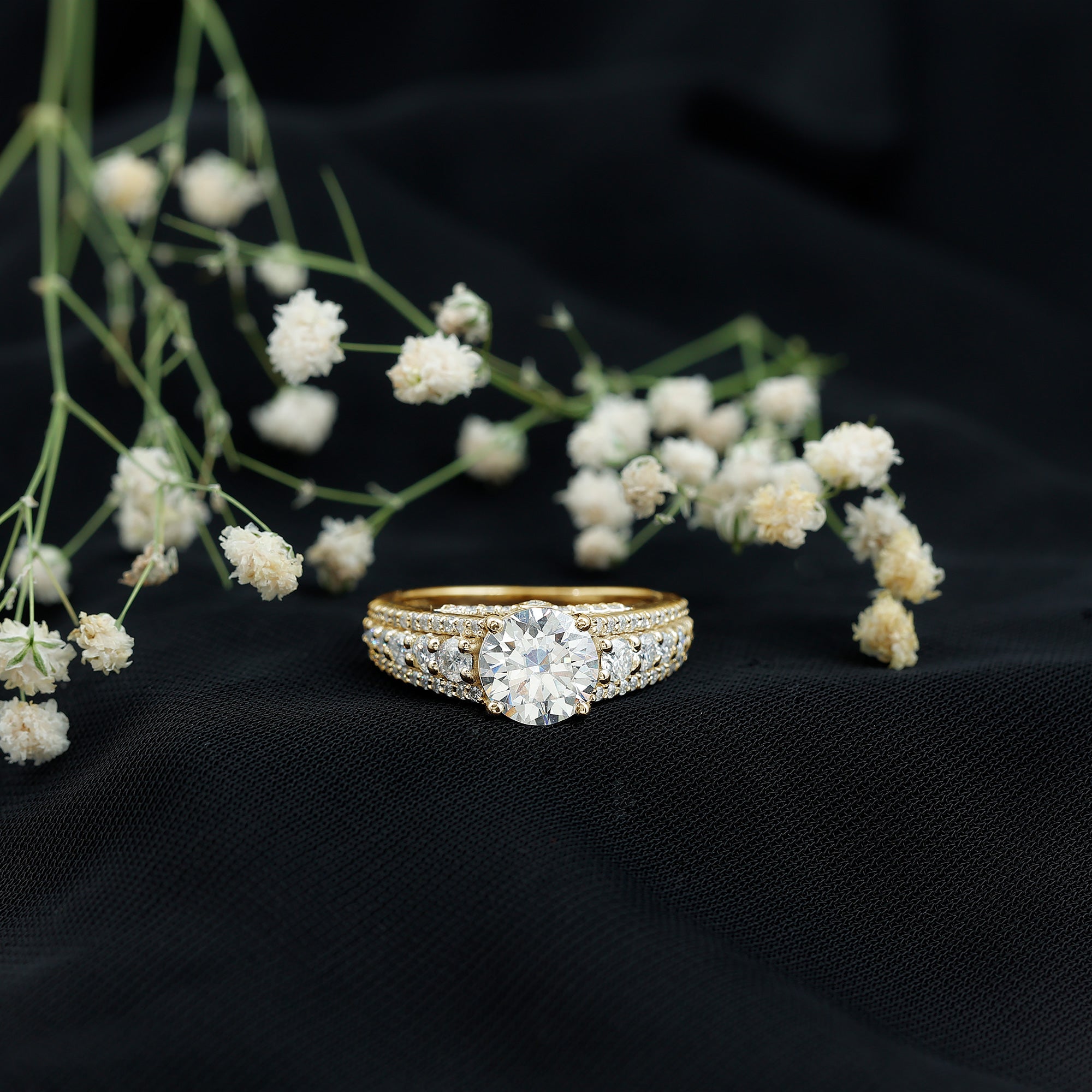 Lab Grown Diamond Statement Engagement Ring With Side Stones Lab - ( EF-VS ) - Rosec Jewels