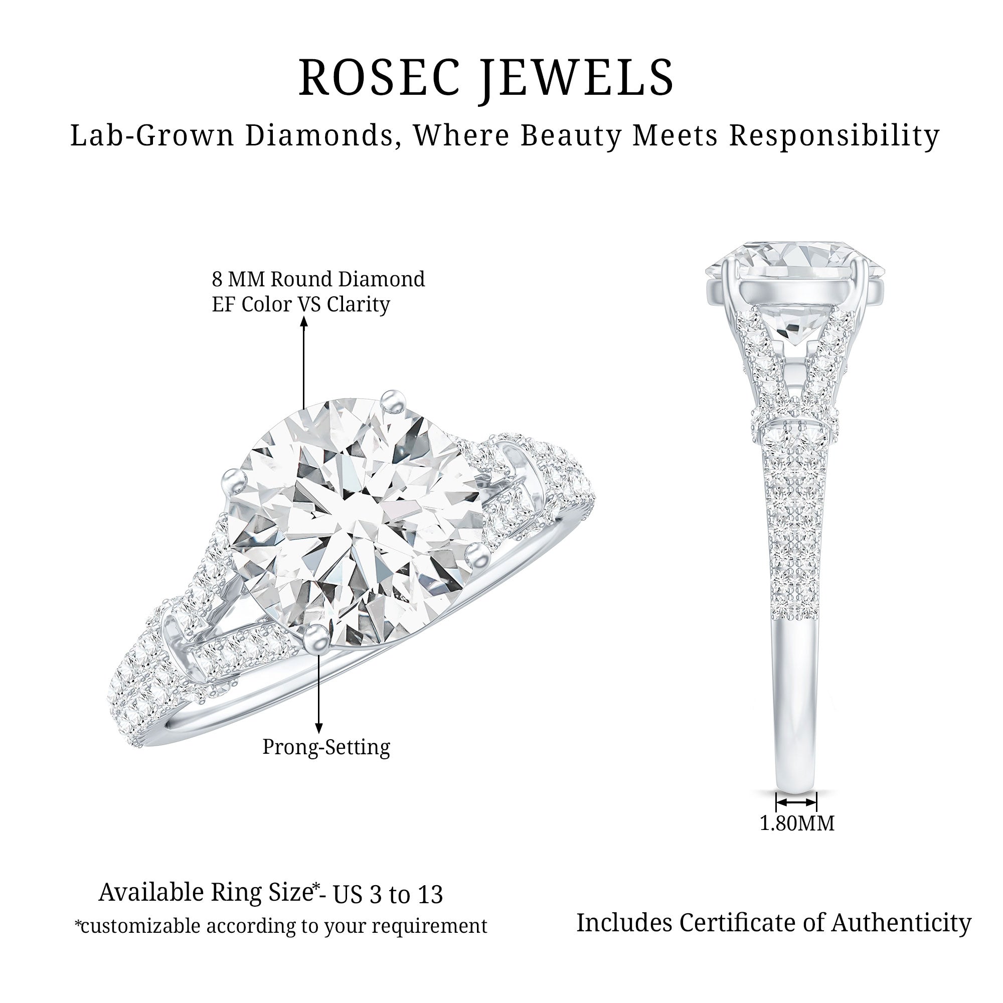 Certified Brilliant Cut Diamond Split Shank Engagement Ring Lab - ( EF-VS ) - Rosec Jewels