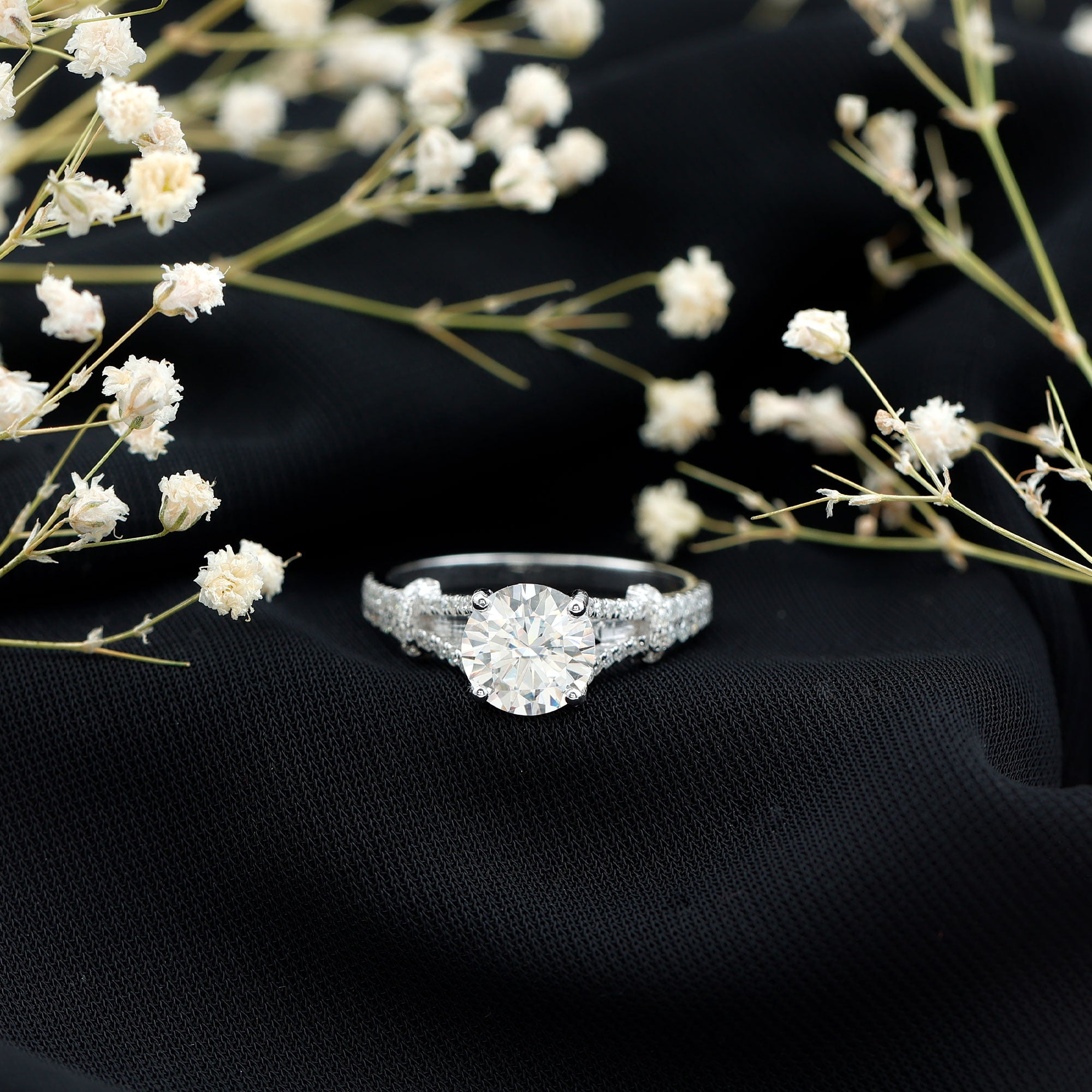 Certified Brilliant Cut Diamond Split Shank Engagement Ring Lab - ( EF-VS ) - Rosec Jewels