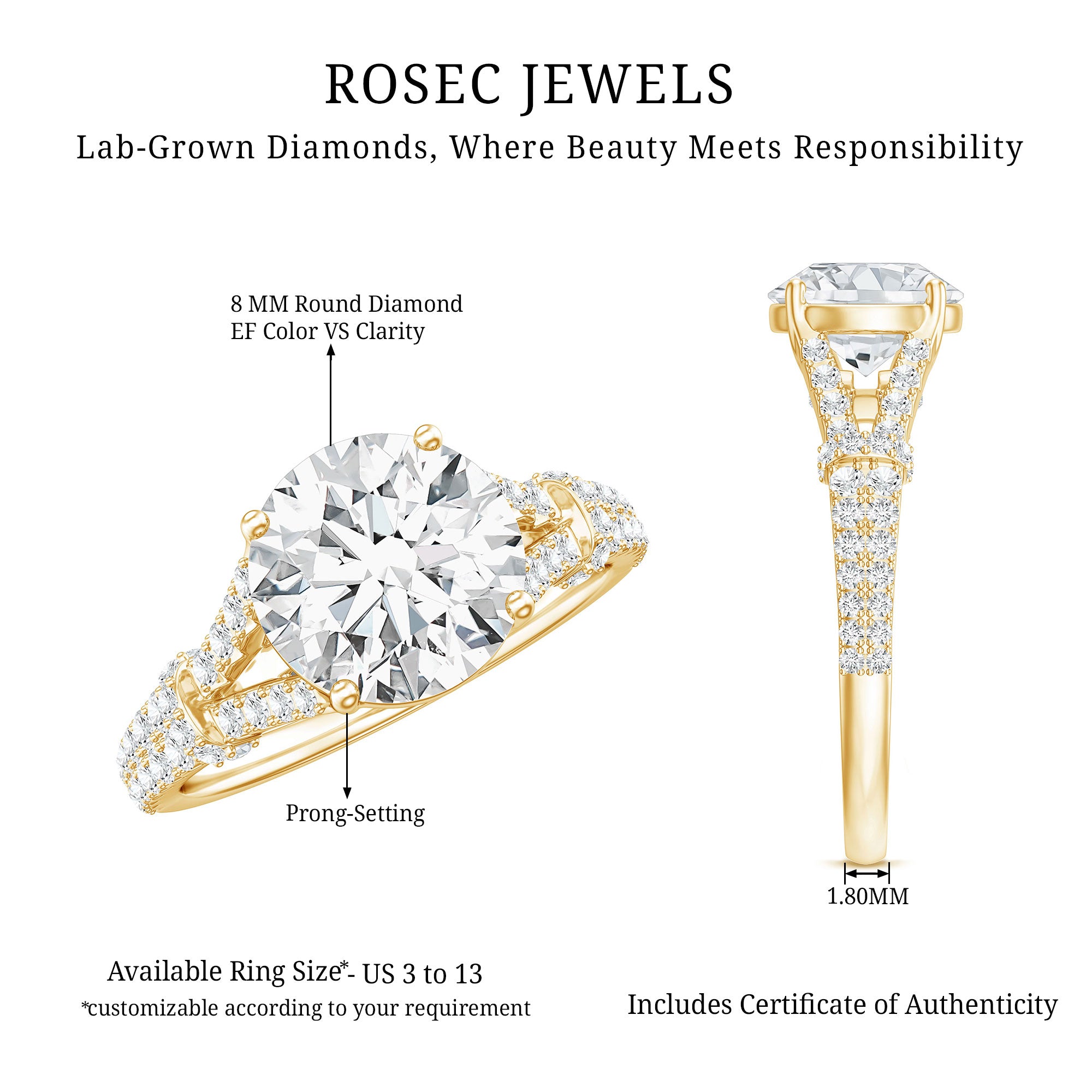 Certified Brilliant Cut Diamond Split Shank Engagement Ring Lab - ( EF-VS ) - Rosec Jewels