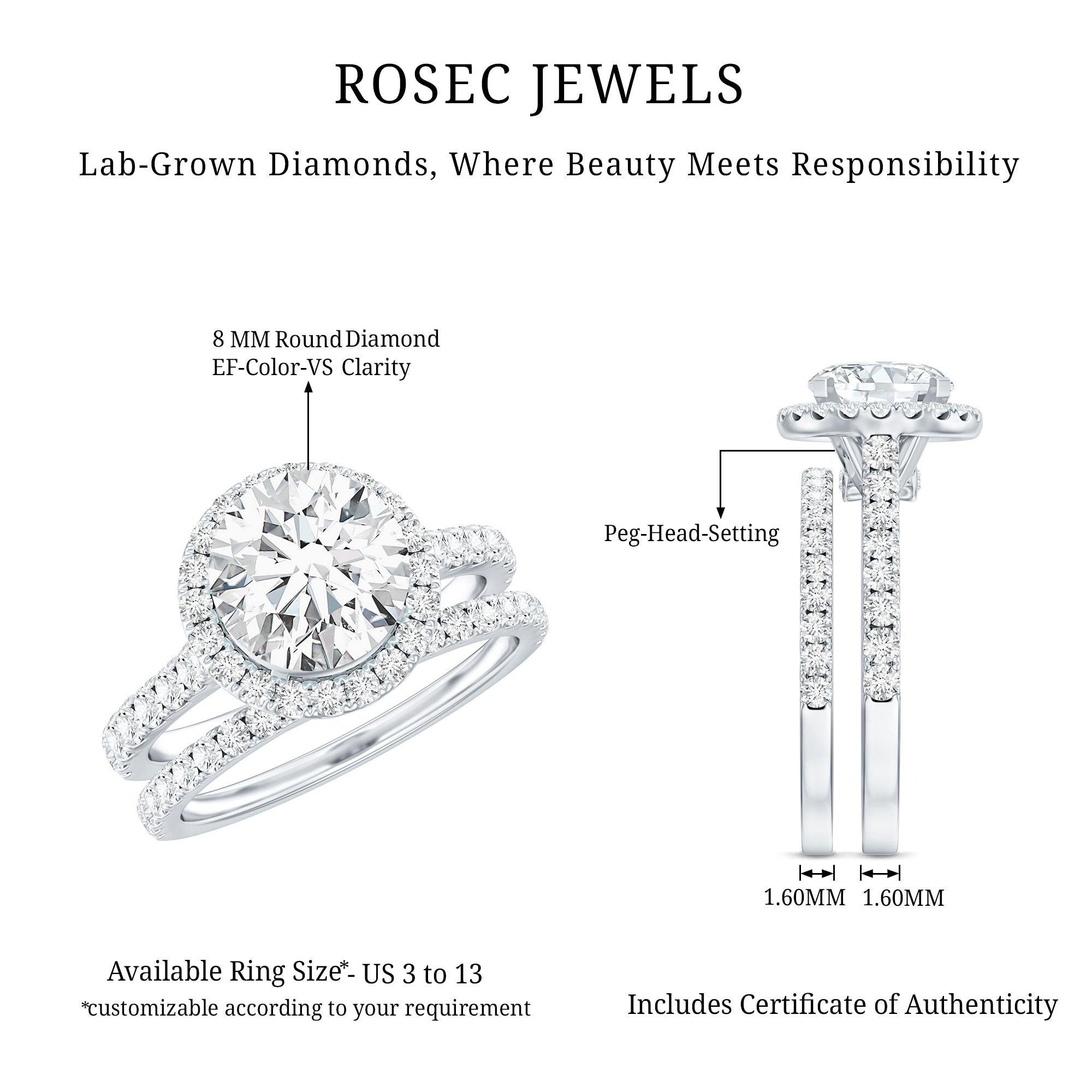 Certified Lab Grown Diamond Halo Ring With Wedding Band Lab - ( EF-VS ) - Rosec Jewels