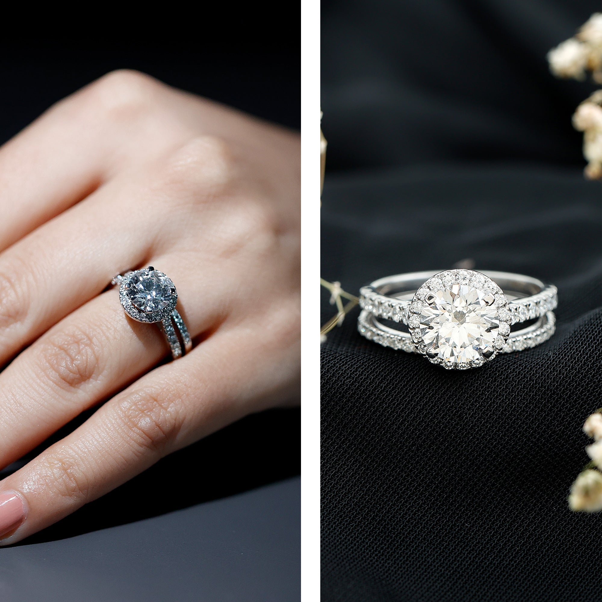 Certified Lab Grown Diamond Halo Ring With Wedding Band Lab - ( EF-VS ) - Rosec Jewels