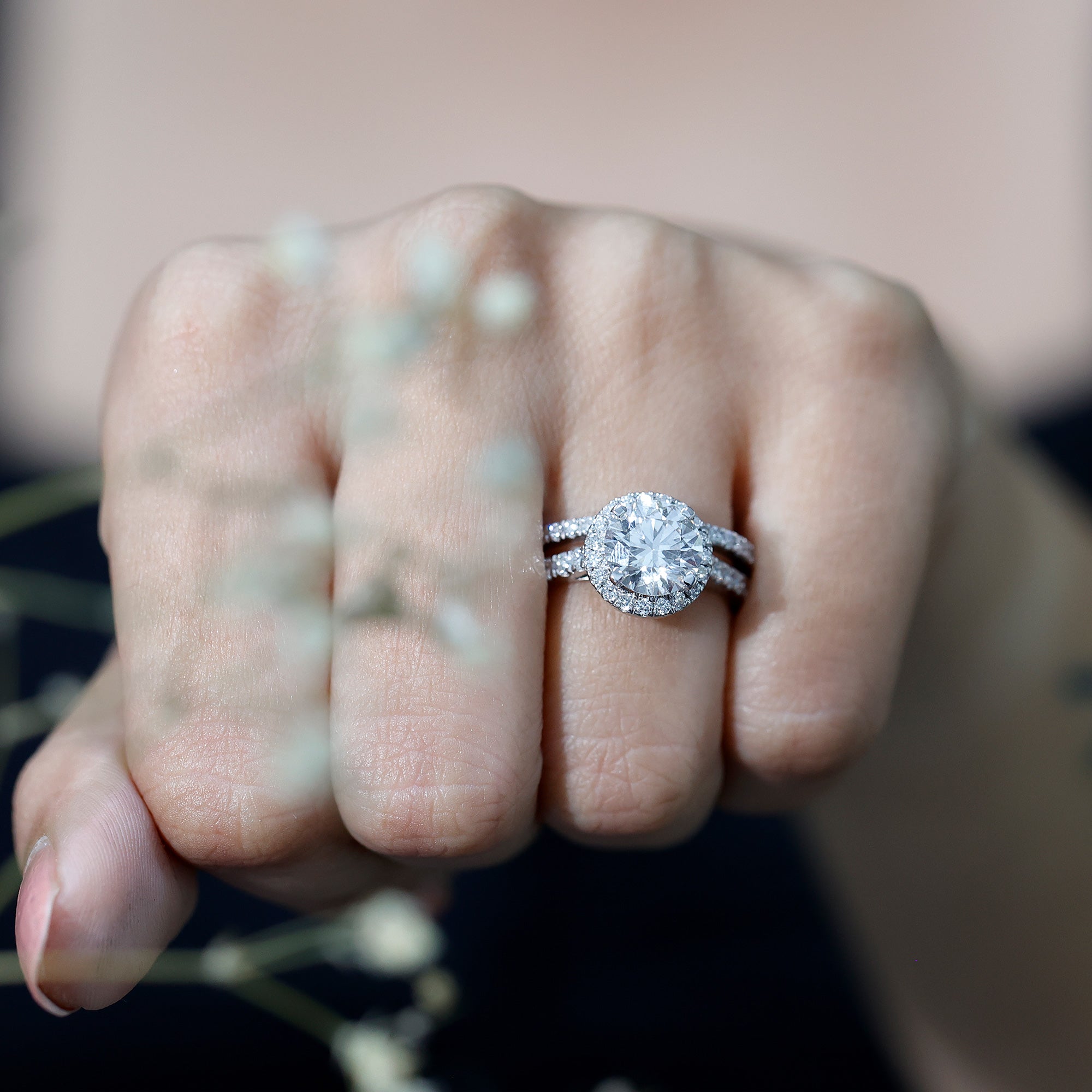 Certified Lab Grown Diamond Halo Ring With Wedding Band Lab - ( EF-VS ) - Rosec Jewels