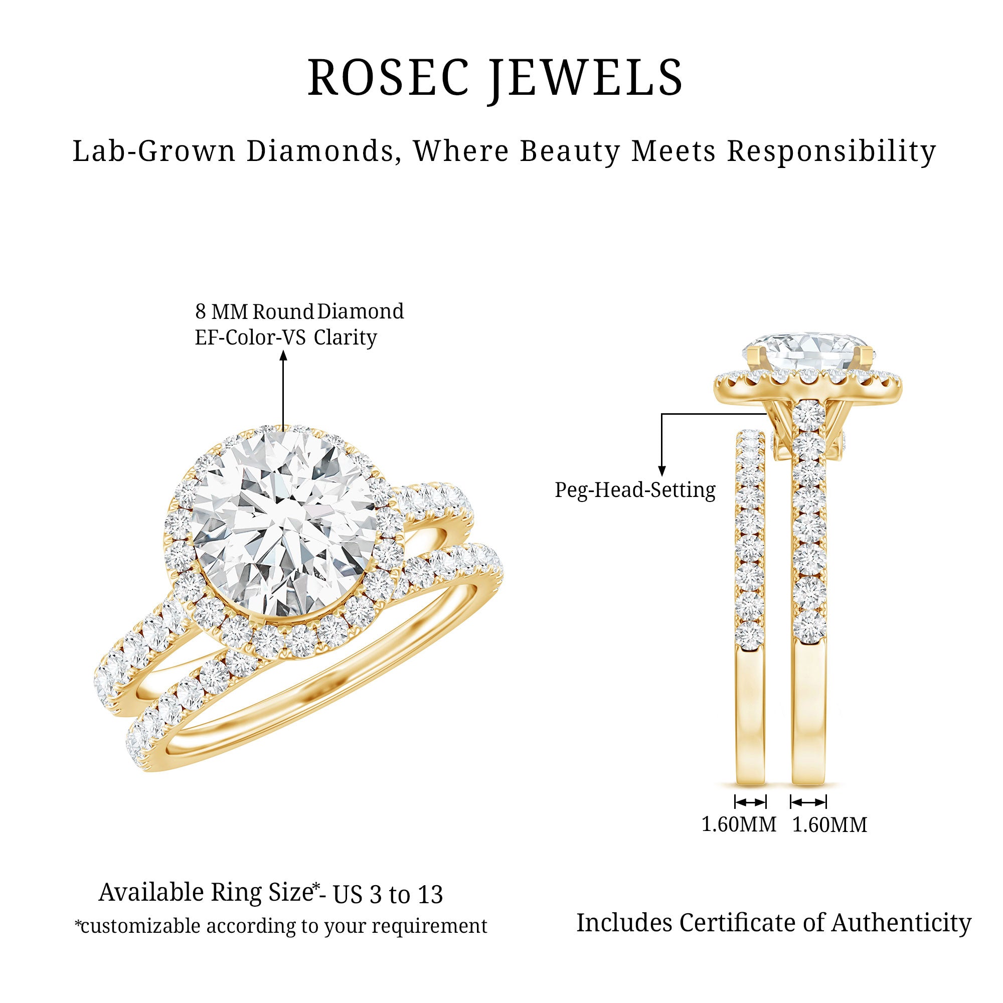 Certified Lab Grown Diamond Halo Ring With Wedding Band Lab - ( EF-VS ) - Rosec Jewels