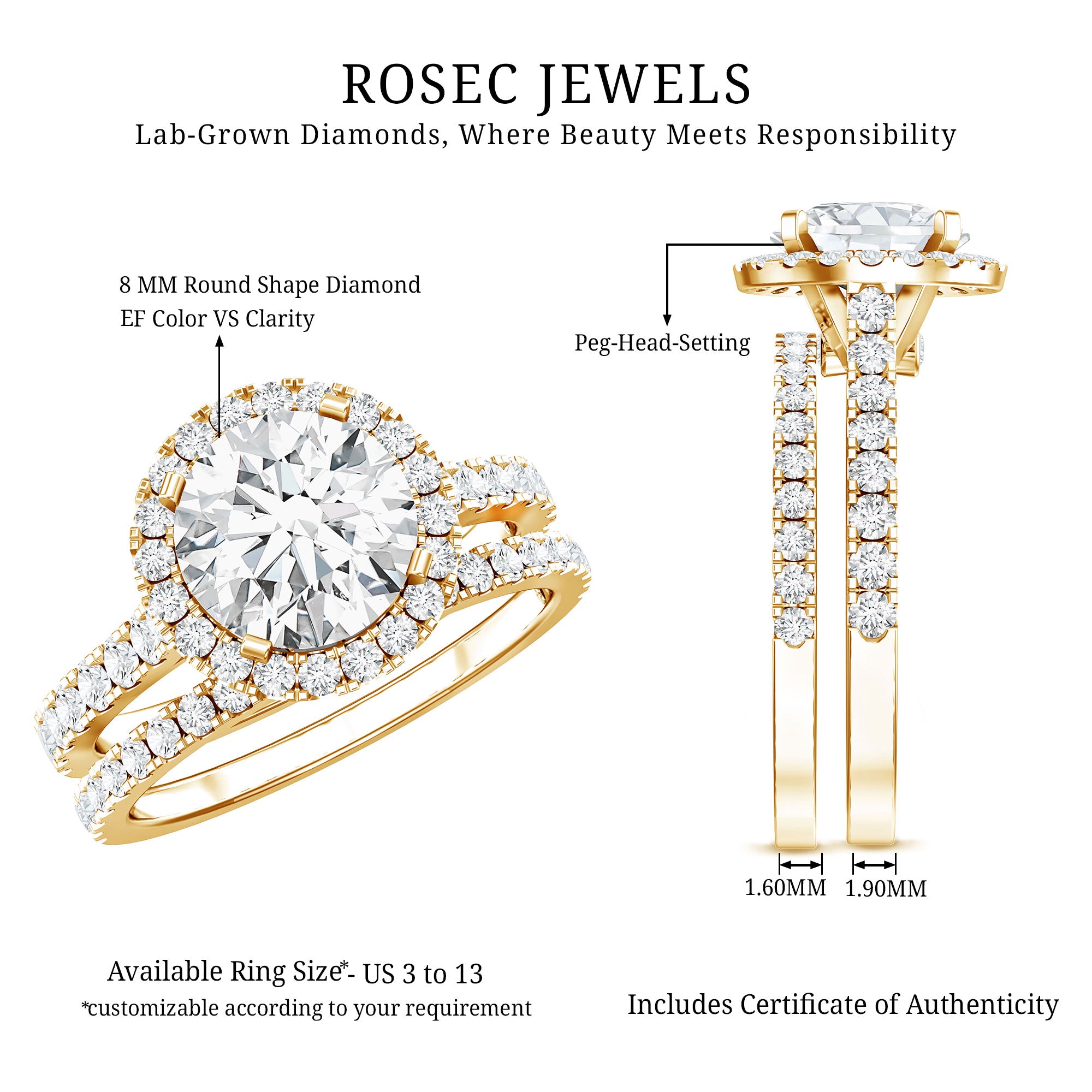 Certified Lab Grown Diamond Halo Ring With Wedding Band Lab - ( EF-VS ) - Rosec Jewels