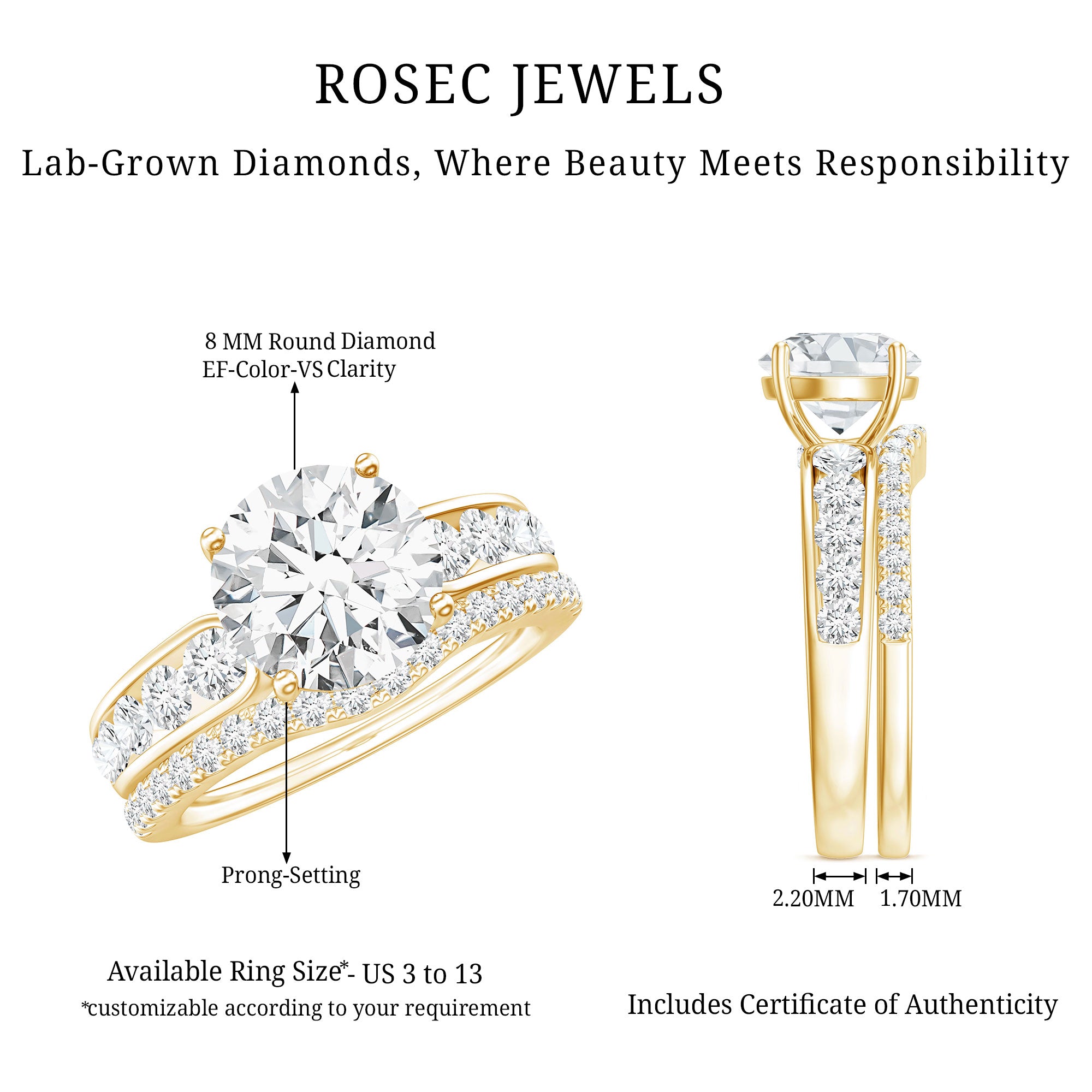 Certified Lab Diamond 8 MM Round Engagement Ring with Enhancer Lab - ( EF-VS ) - Rosec Jewels