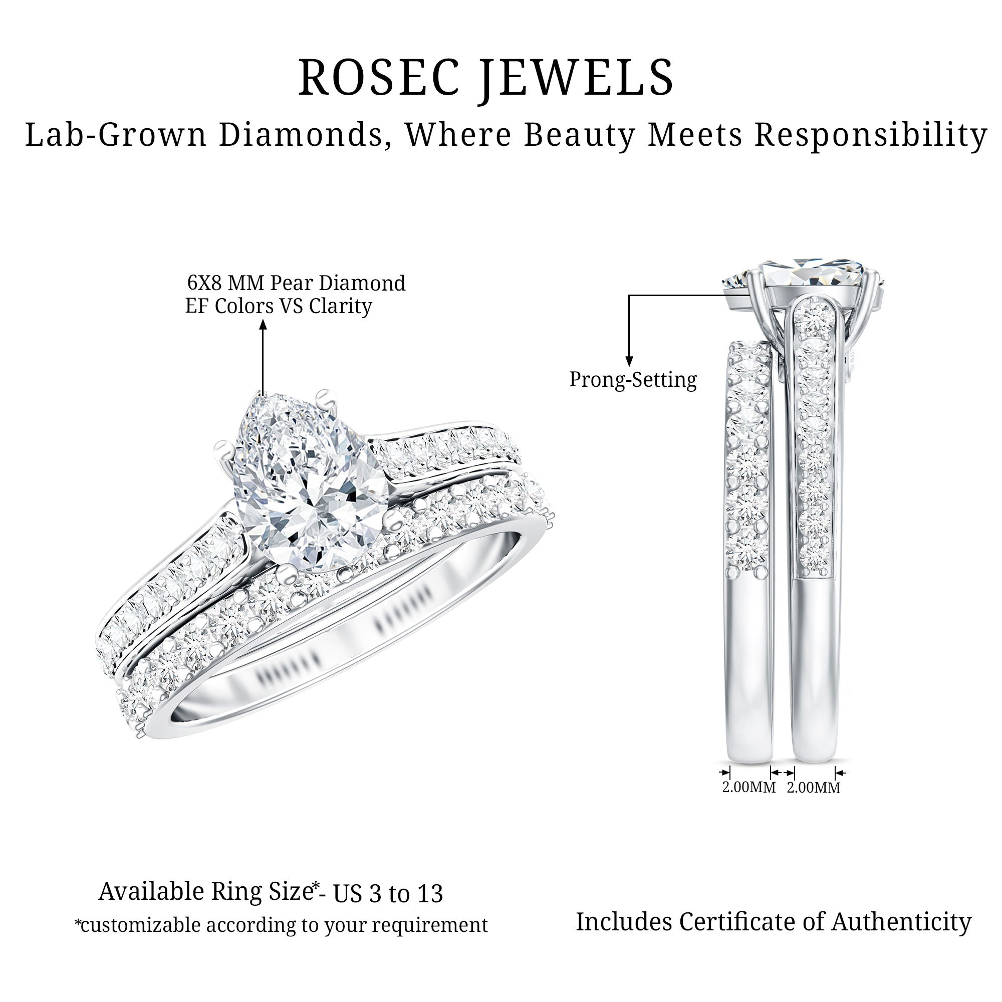 Pear Cut 6X8 MM Lab Grown Diamond Marriage Ring Set for Women Lab - ( EF-VS ) - Rosec Jewels