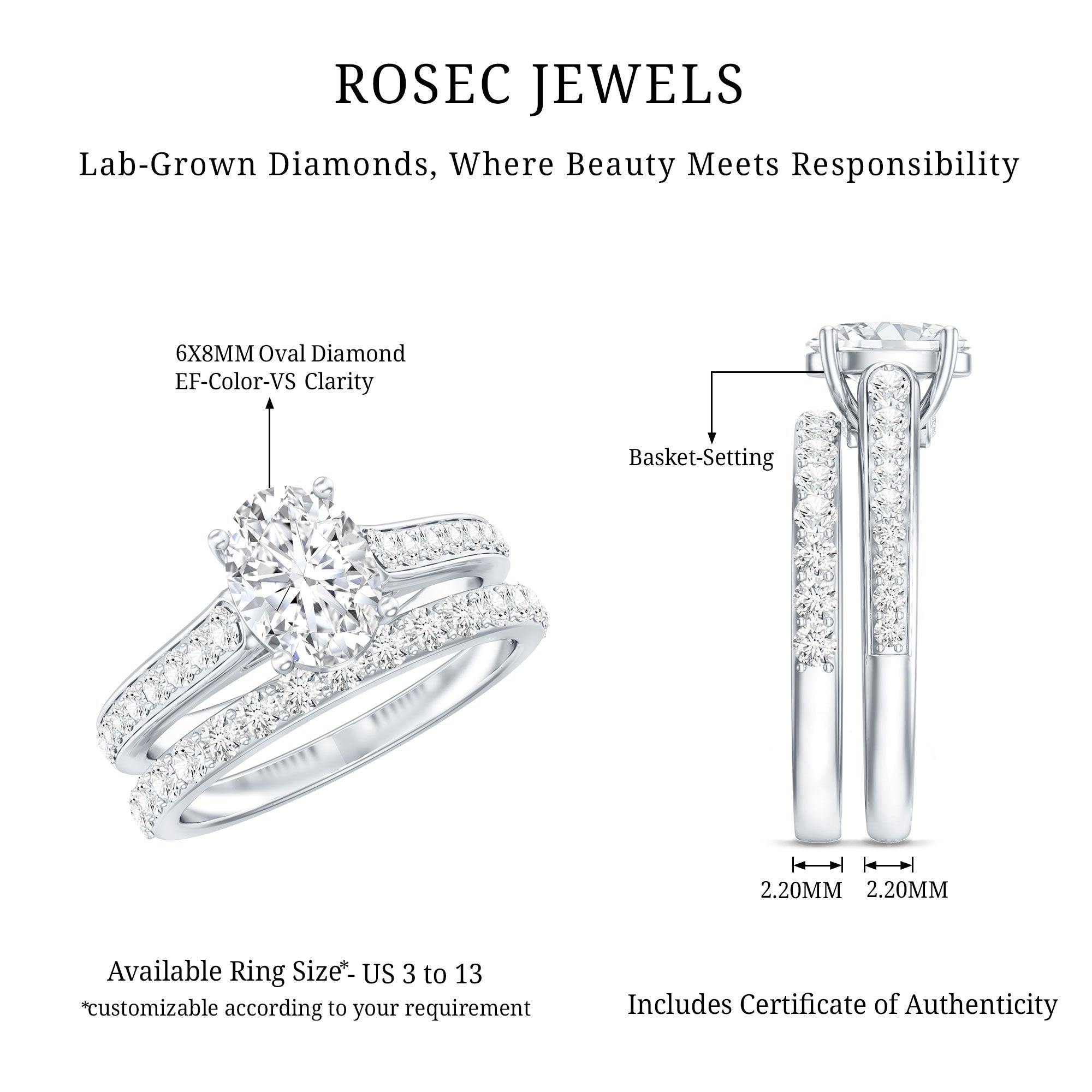 6X8 MM Oval Lab Created Diamond Solitaire Engagement Ring Set for Women Lab - ( EF-VS ) - Rosec Jewels