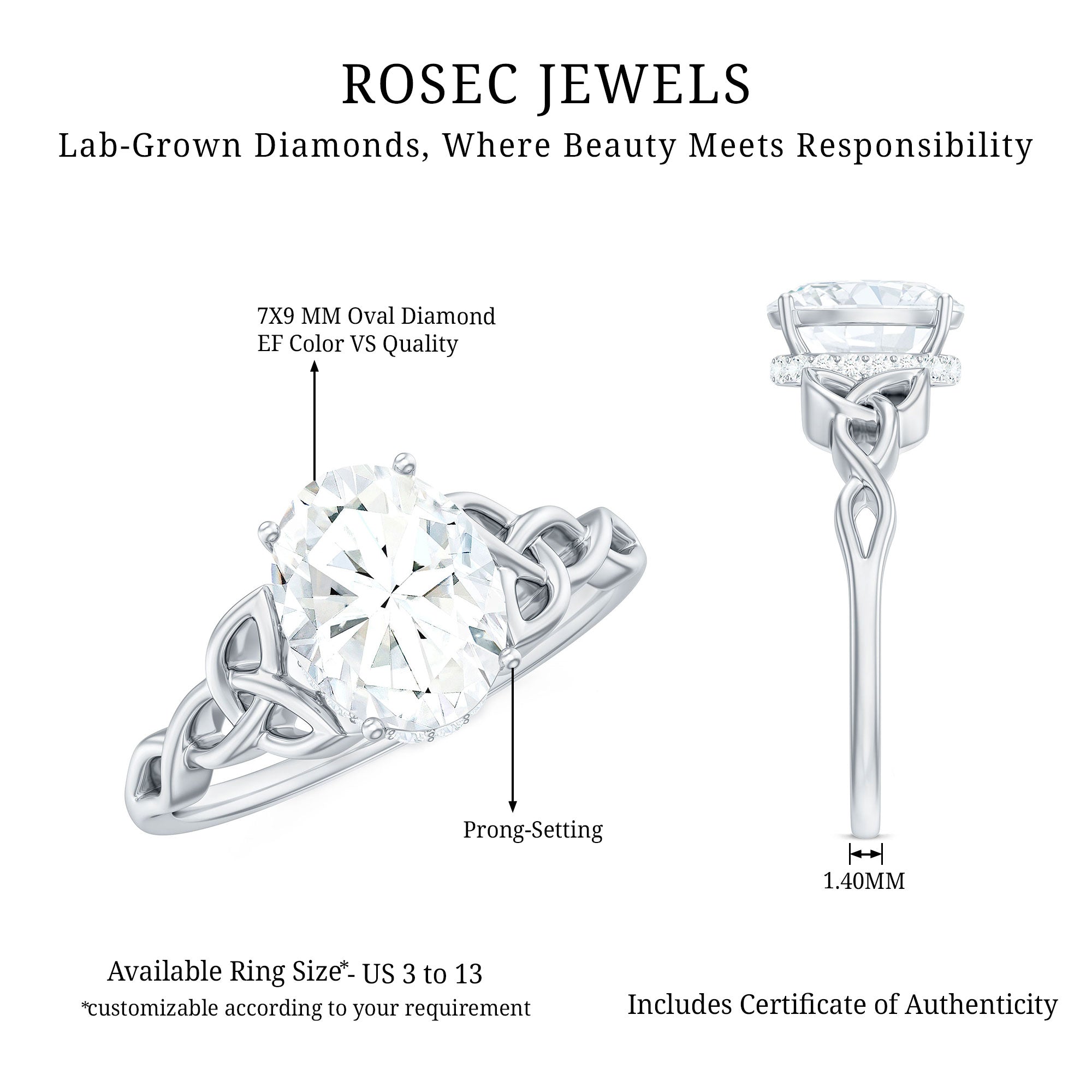 Oval Lab Grown Diamond Hidden Halo Engagement Ring Lab - ( EF-VS ) - Rosec Jewels