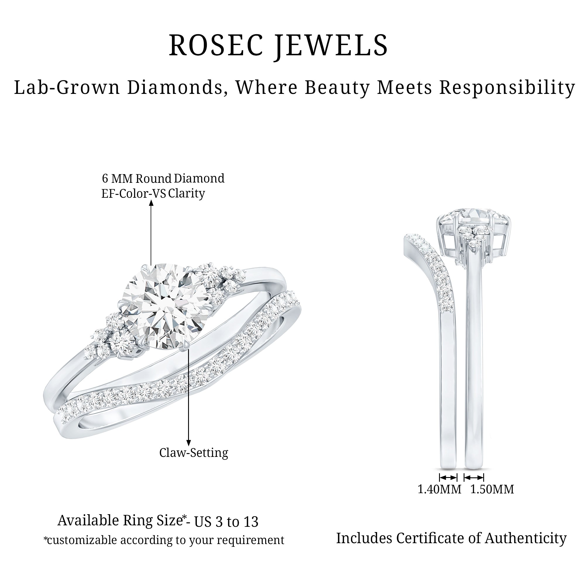 Certified Diamond Bridal Ring Set with Curved Band Lab - ( EF-VS ) - Rosec Jewels