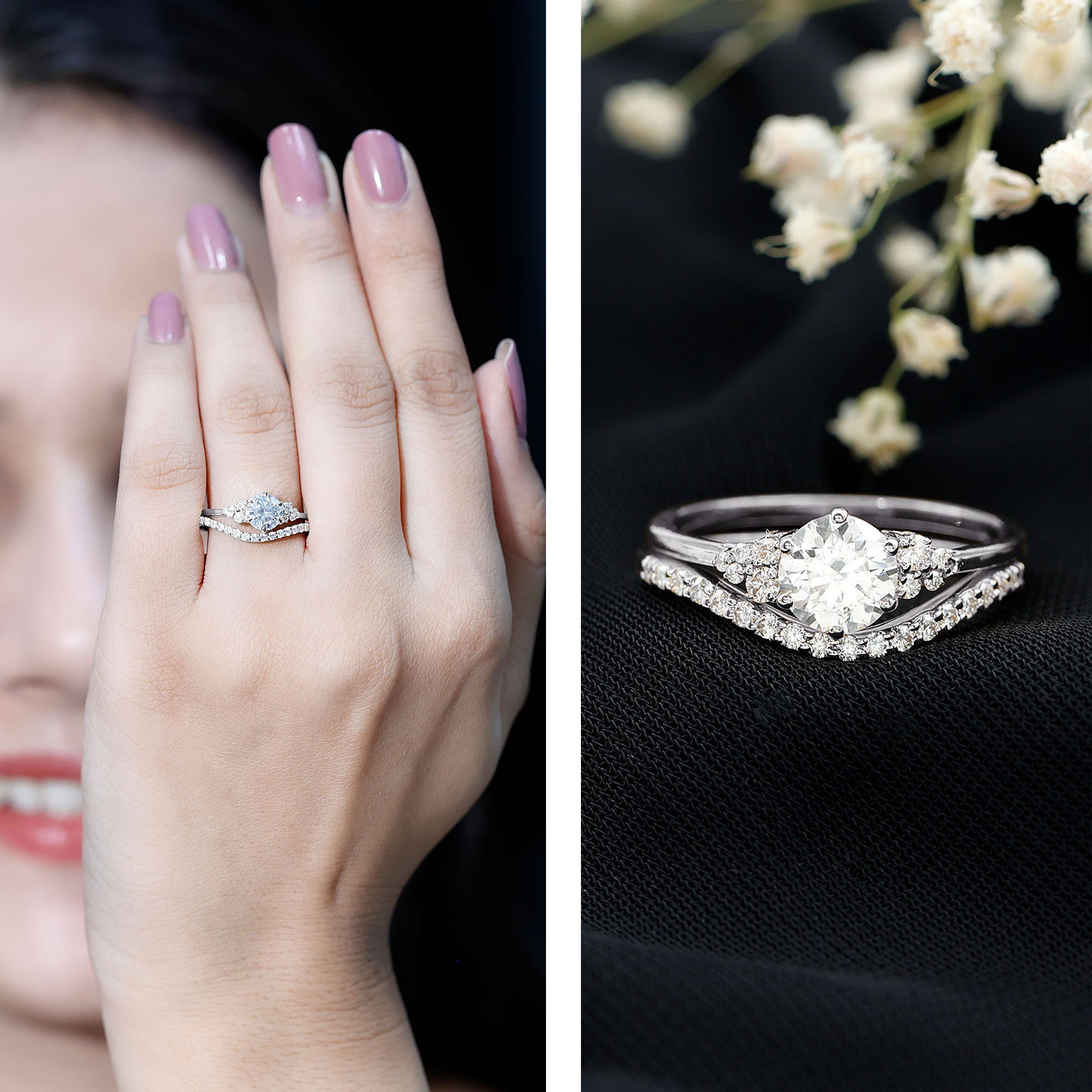Certified Diamond Bridal Ring Set with Curved Band Lab - ( EF-VS ) - Rosec Jewels