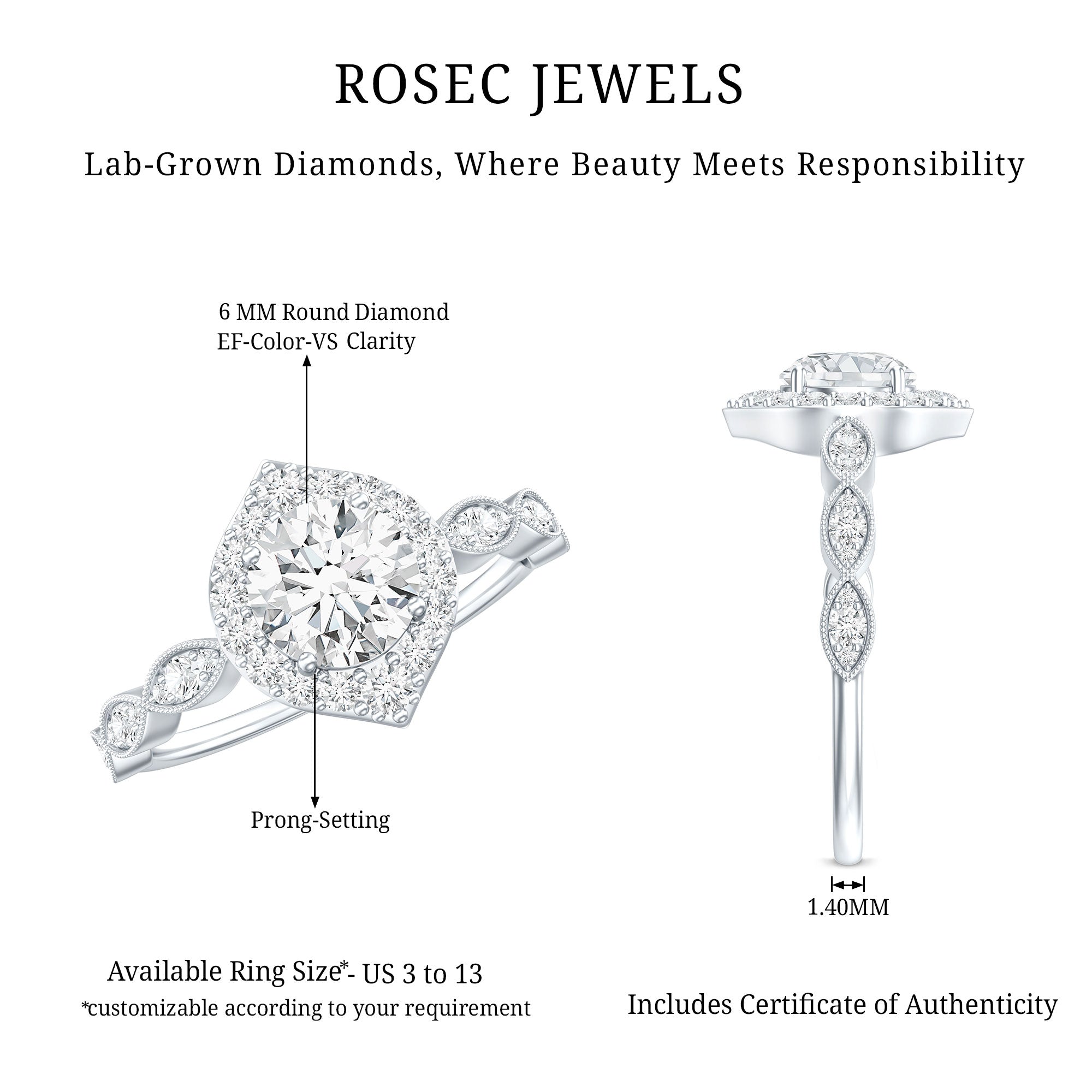 Brilliant Cut Lab Grown Diamond Vintage Solitaire Ring Lab - ( EF-VS ) - Rosec Jewels