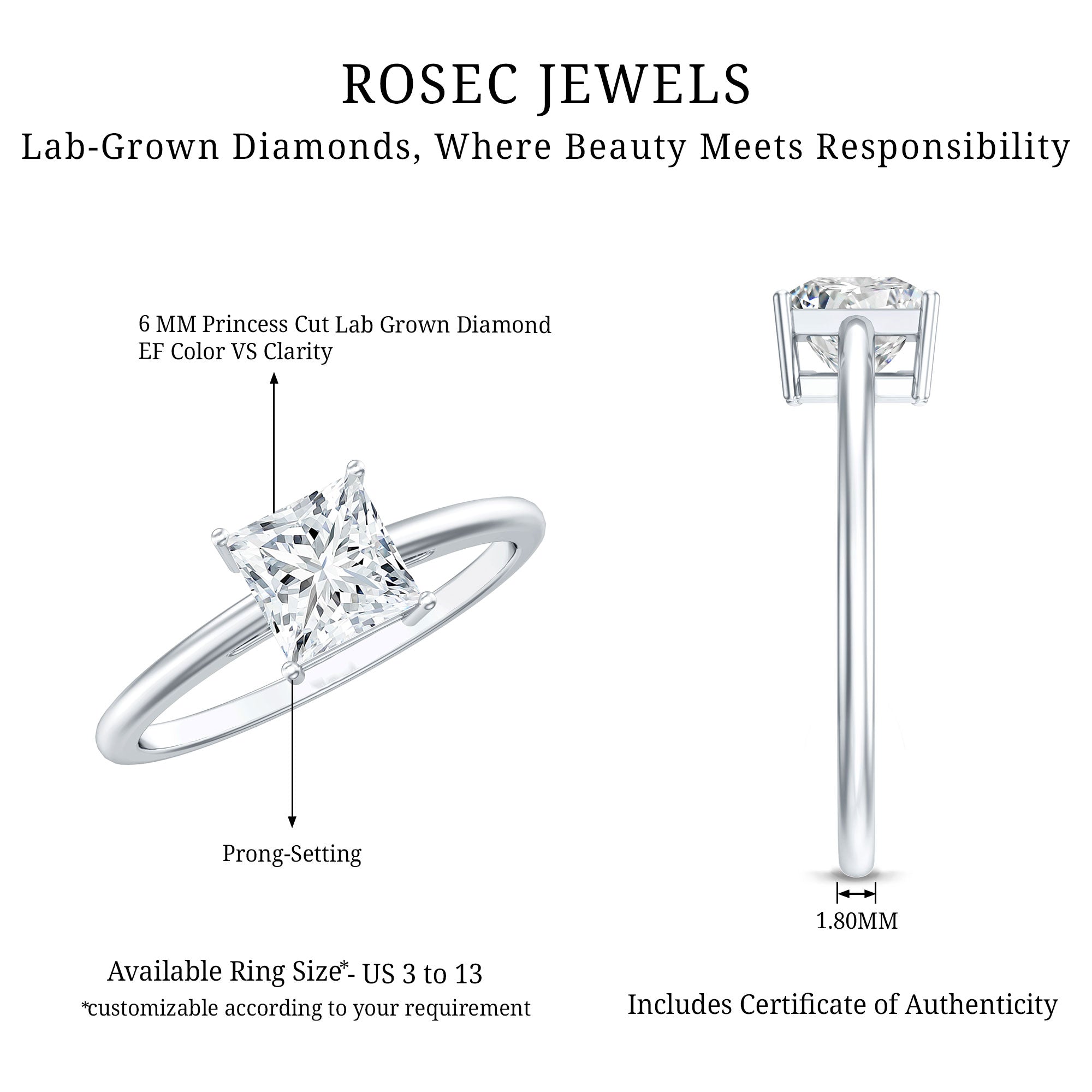 Certified Lab Grown Diamond 6 mm Square Cut Engagement Ring Lab - ( EF-VS ) - Rosec Jewels