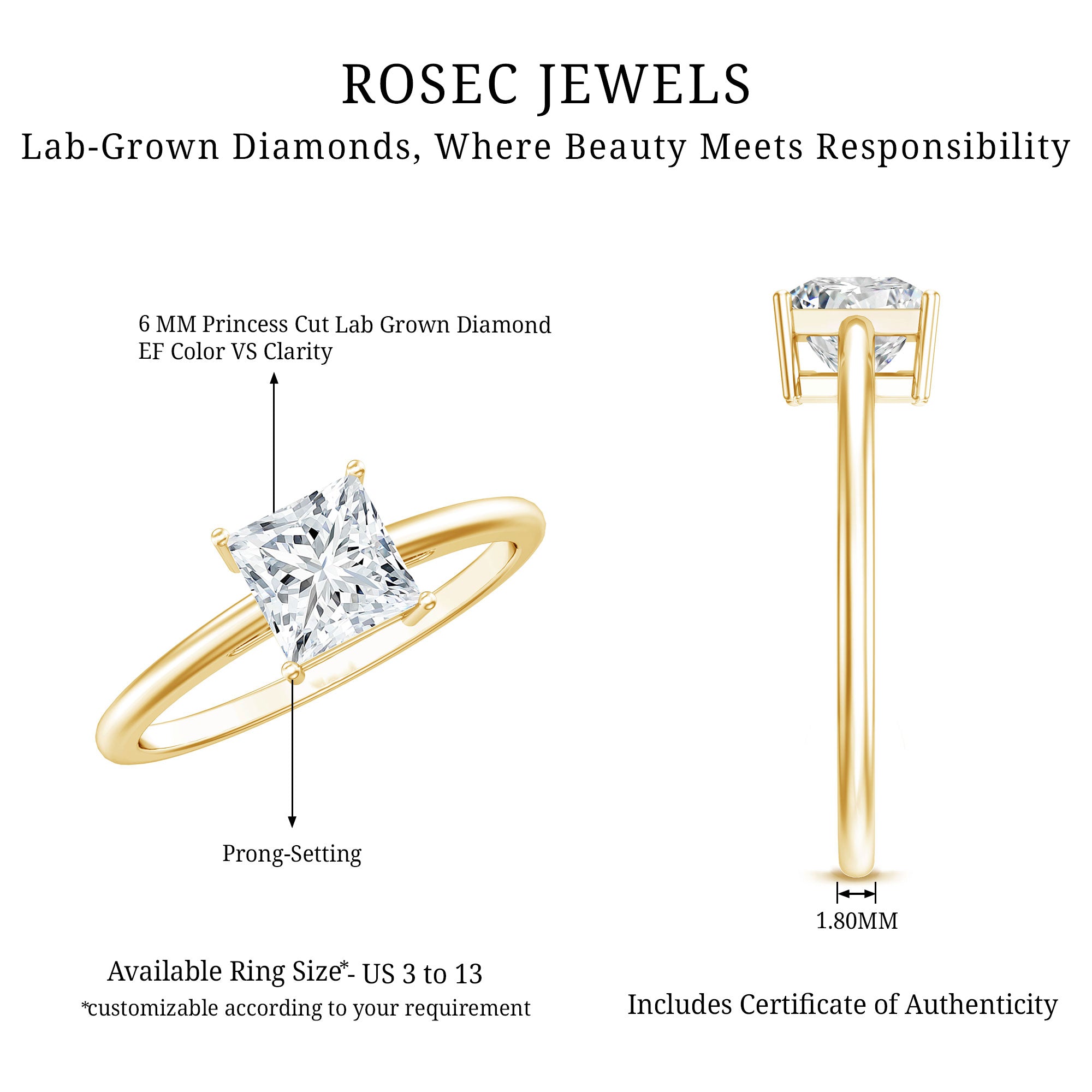 Certified Lab Grown Diamond 6 mm Square Cut Engagement Ring Lab - ( EF-VS ) - Rosec Jewels