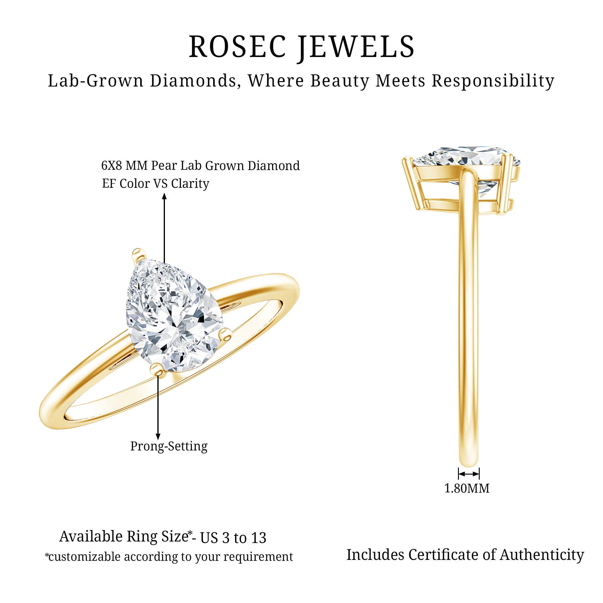 Single Stone Lab Grown Diamond Pear Engagement Ring Lab - ( EF-VS ) - Rosec Jewels