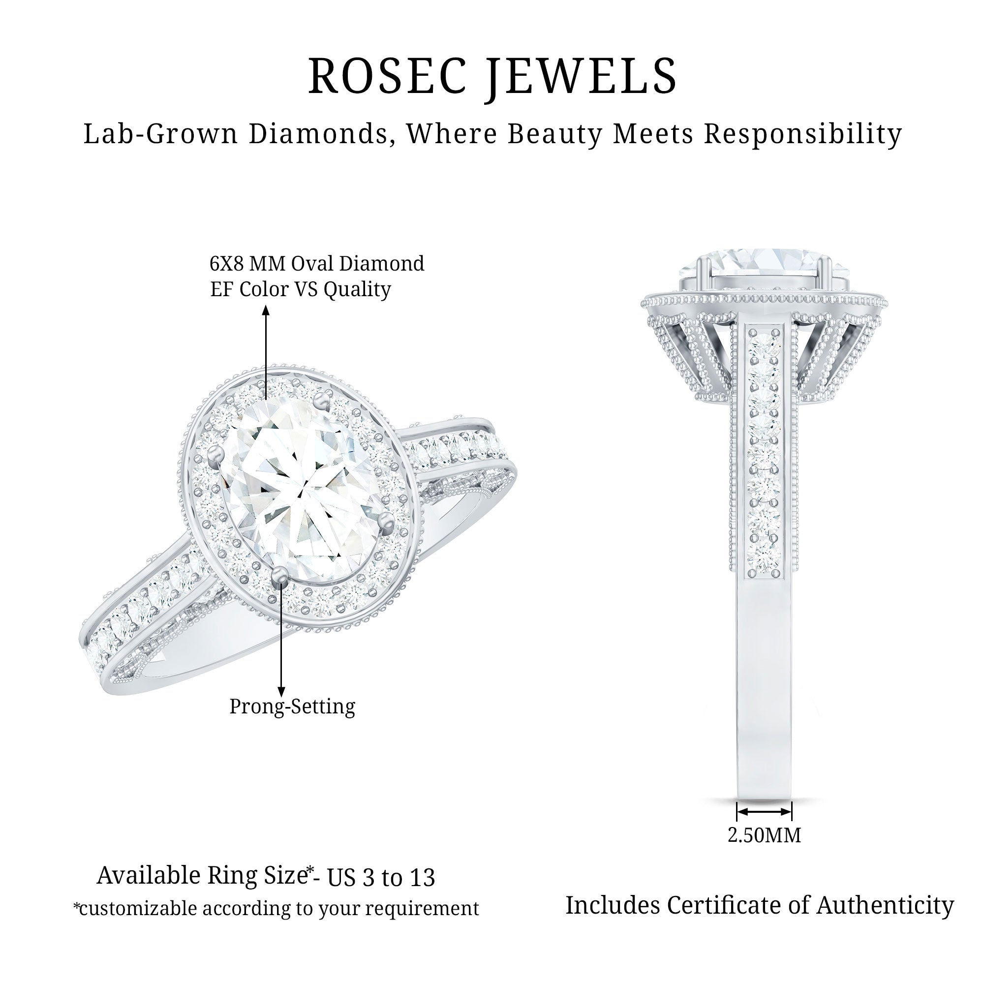 6X8 mm Oval Lab Grown Diamond Halo Engagement Ring Lab - ( EF-VS ) - Rosec Jewels