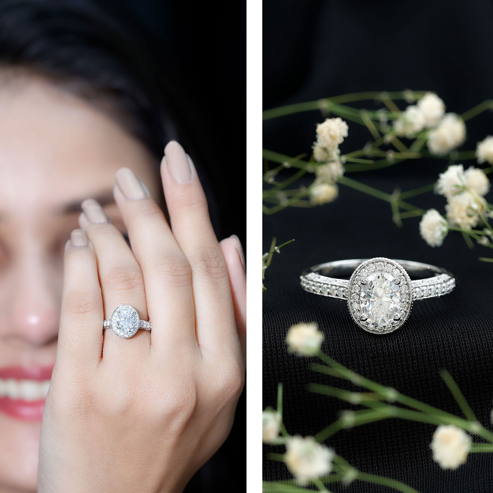 6X8 mm Oval Lab Grown Diamond Halo Engagement Ring Lab - ( EF-VS ) - Rosec Jewels