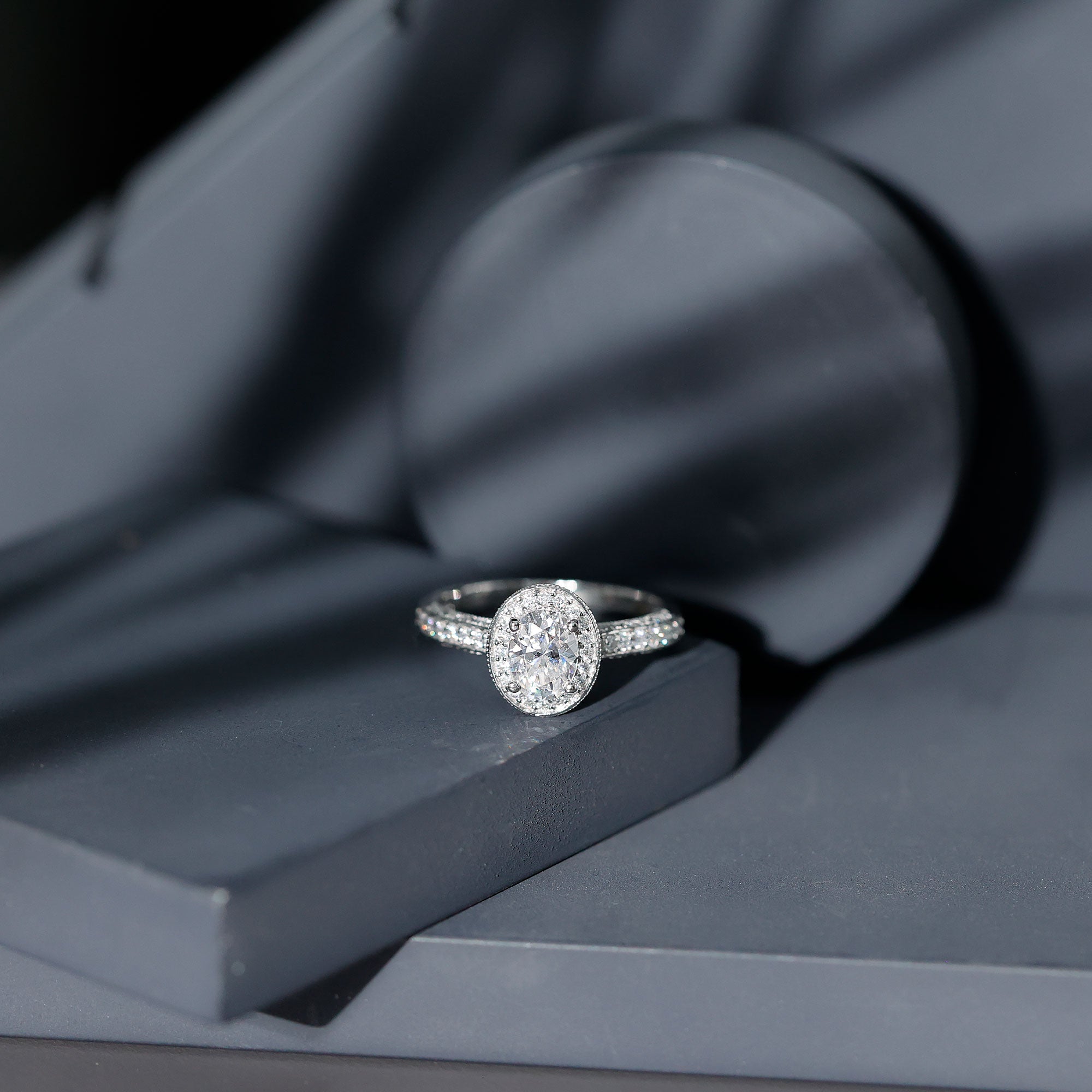 6X8 mm Oval Lab Grown Diamond Halo Engagement Ring Lab - ( EF-VS ) - Rosec Jewels