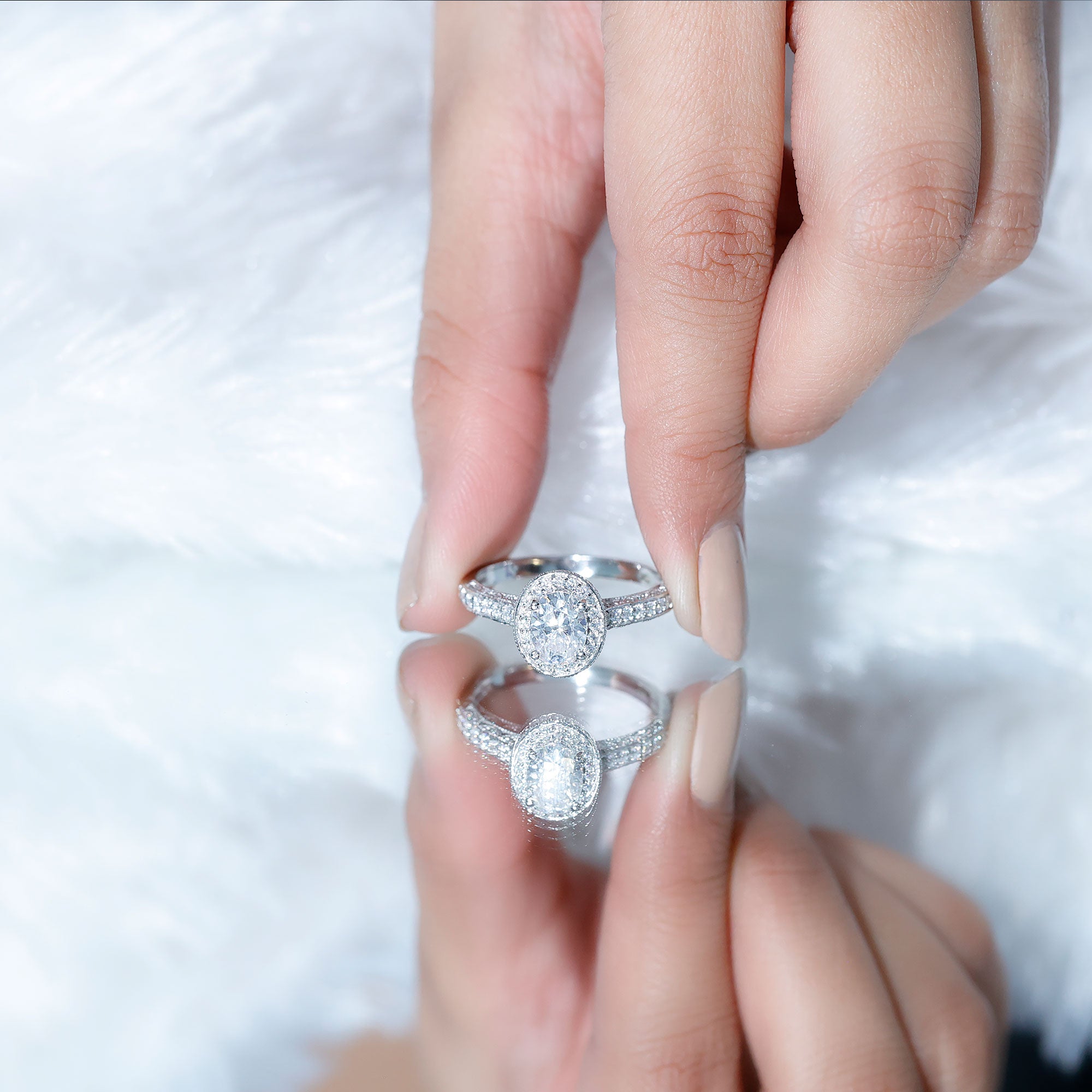6X8 mm Oval Lab Grown Diamond Halo Engagement Ring Lab - ( EF-VS ) - Rosec Jewels