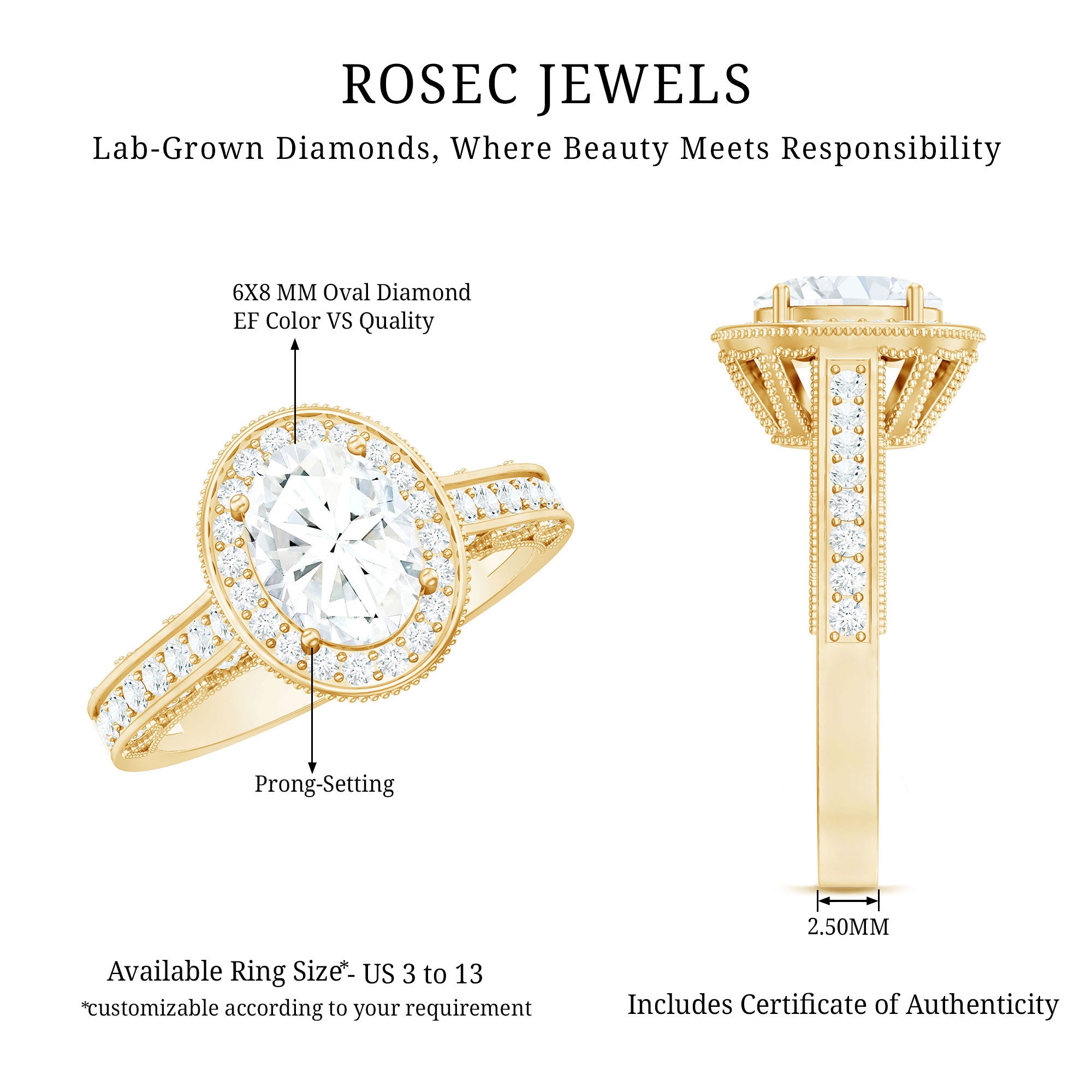6X8 mm Oval Lab Grown Diamond Halo Engagement Ring Lab - ( EF-VS ) - Rosec Jewels