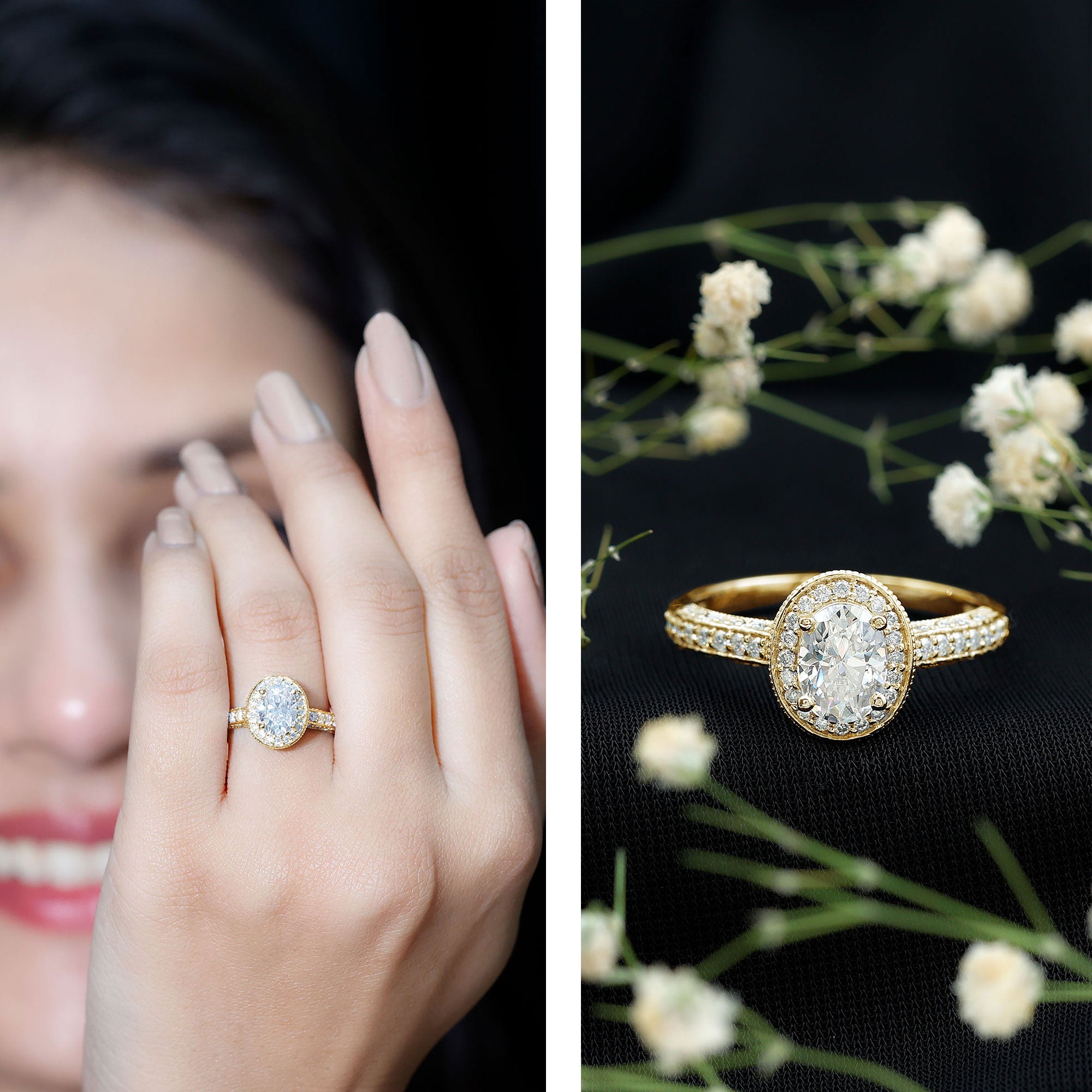 6X8 mm Oval Lab Grown Diamond Halo Engagement Ring Lab - ( EF-VS ) - Rosec Jewels