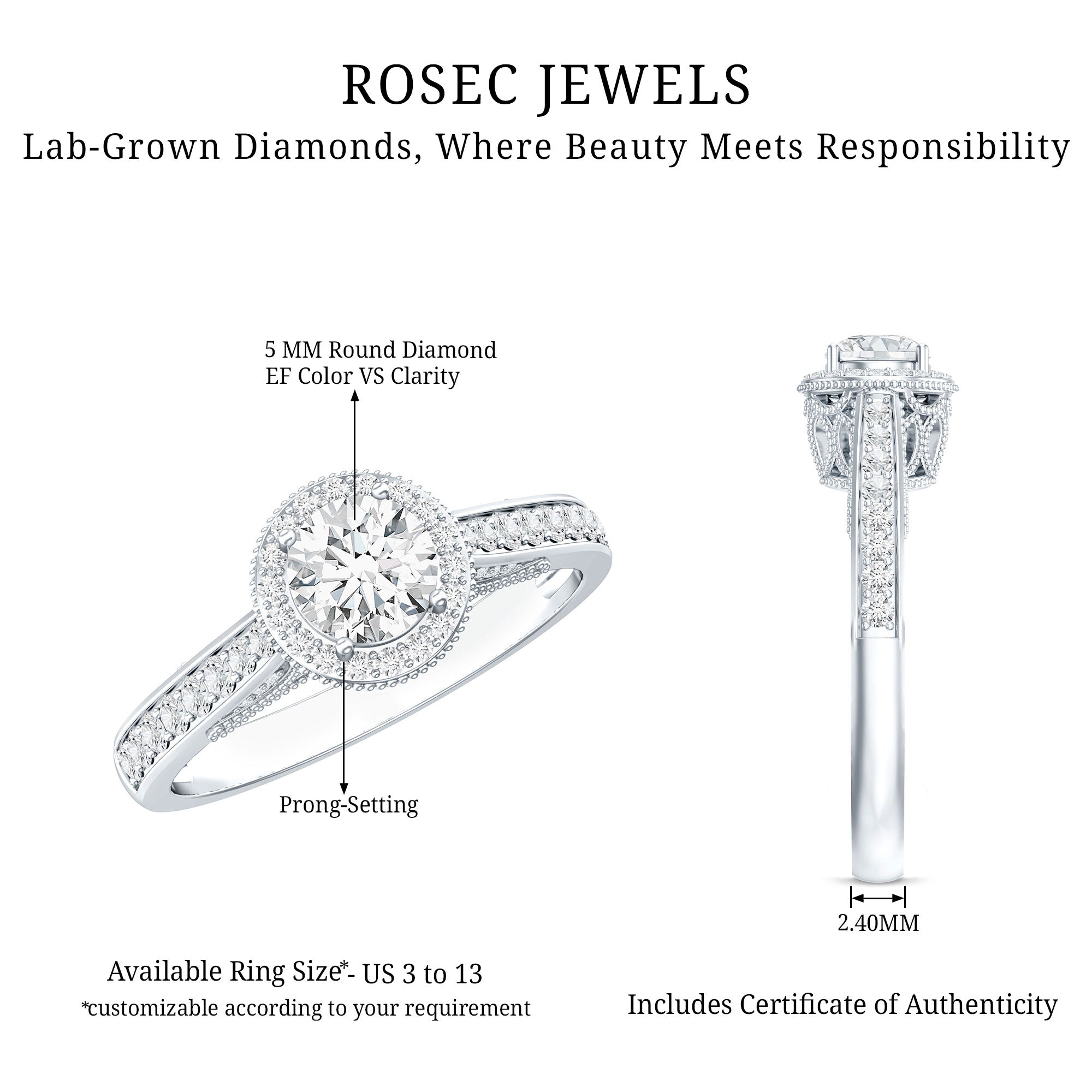 Diamond Vintage Looking Engagement Ring Lab - ( EF-VS ) - Rosec Jewels