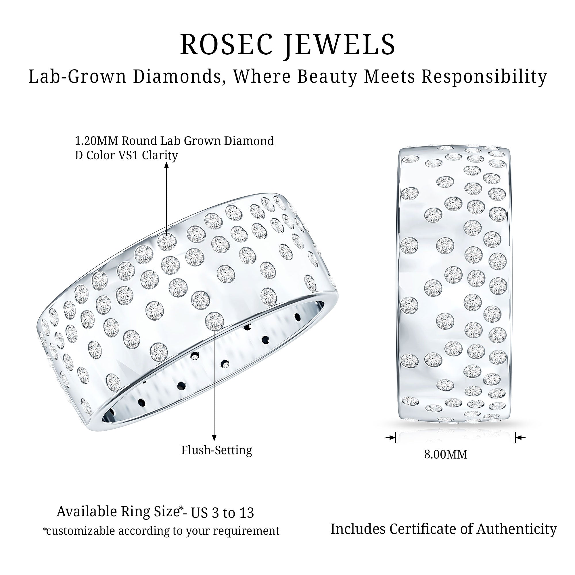 Certified Lab Grown Diamond Wedding Band in Flush Setting Lab - ( EF-VS ) - Rosec Jewels