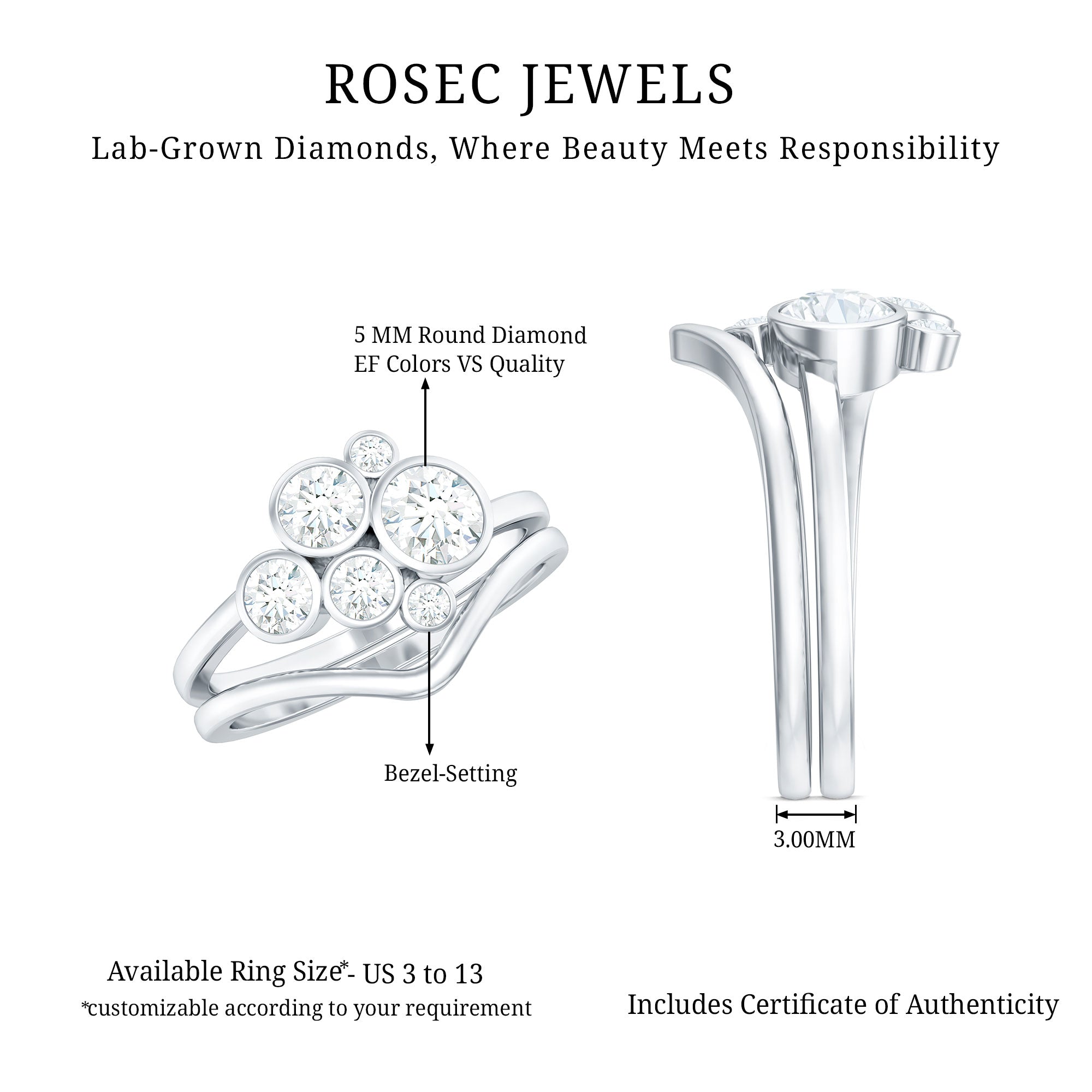 Rosec Jewels-Bezel Set Lab Created Diamond Cluster Wedding Ring Set