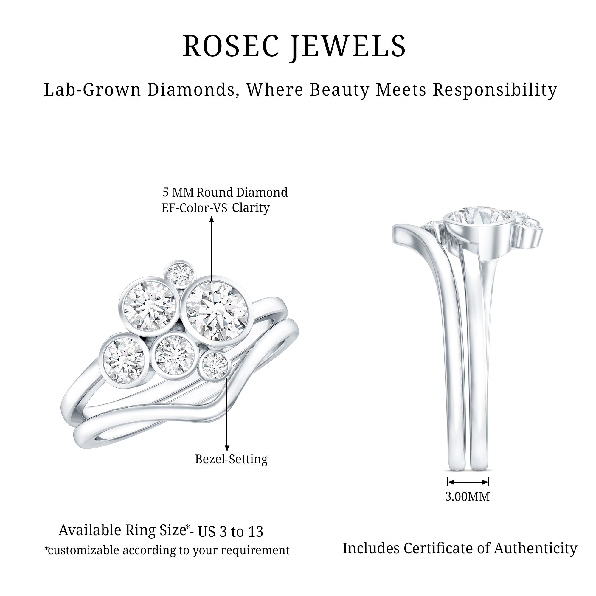 Bezel Set Lab Created Diamond Cluster Wedding Ring Set Lab - ( EF-VS ) - Rosec Jewels