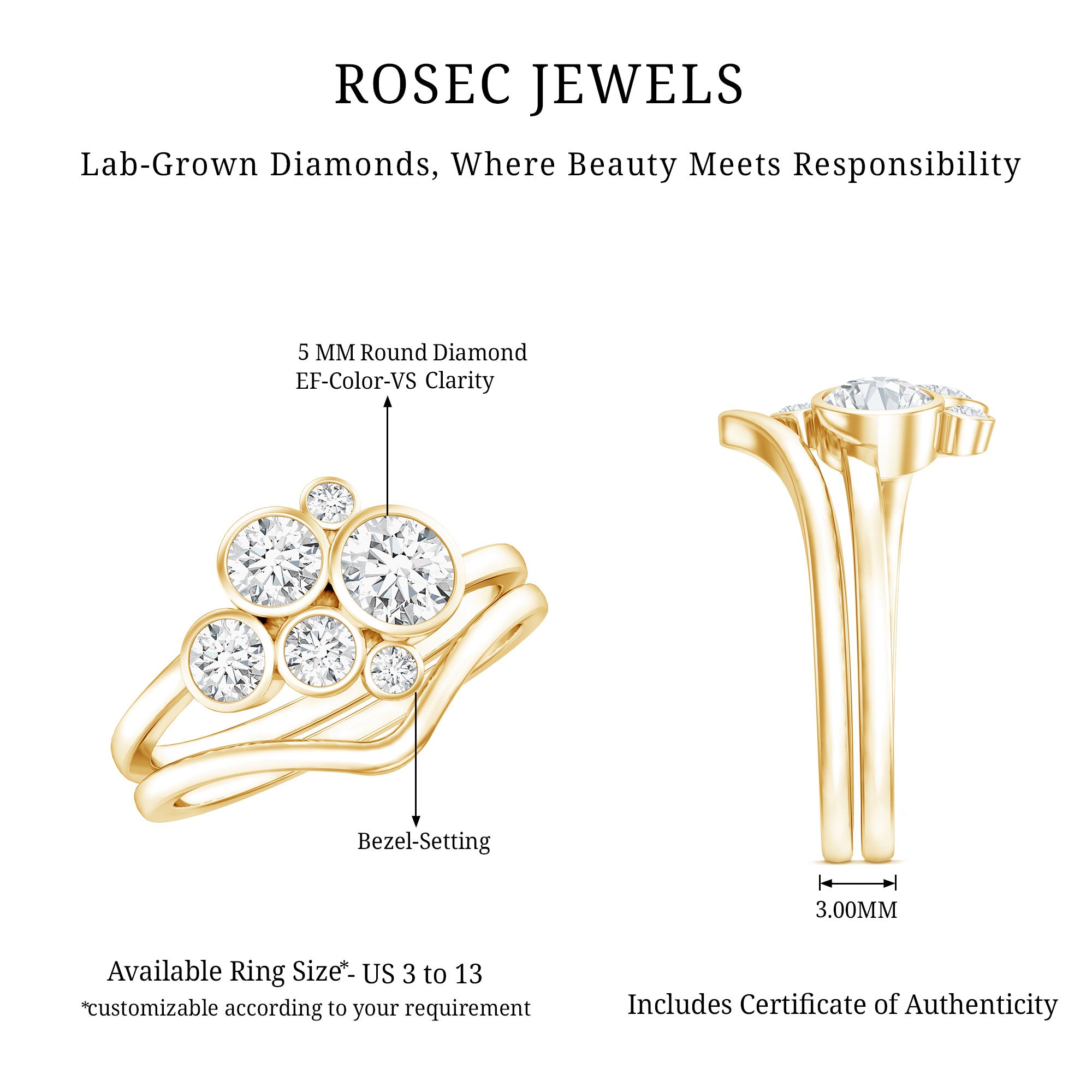 Bezel Set Lab Created Diamond Cluster Wedding Ring Set Lab - ( EF-VS ) - Rosec Jewels