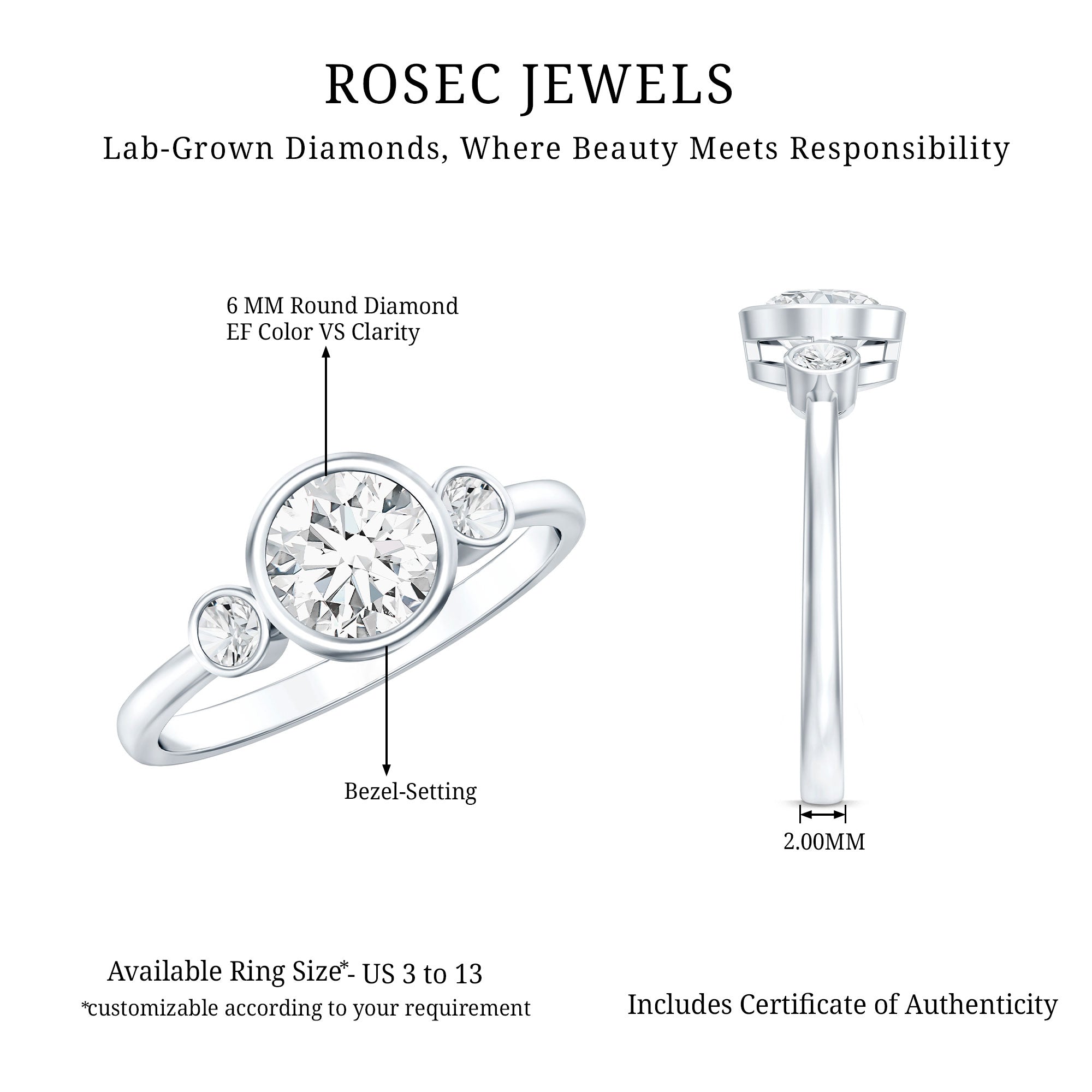 Lab Created Diamond Bezel Set Engagement Ring for Her Lab - ( EF-VS ) - Rosec Jewels