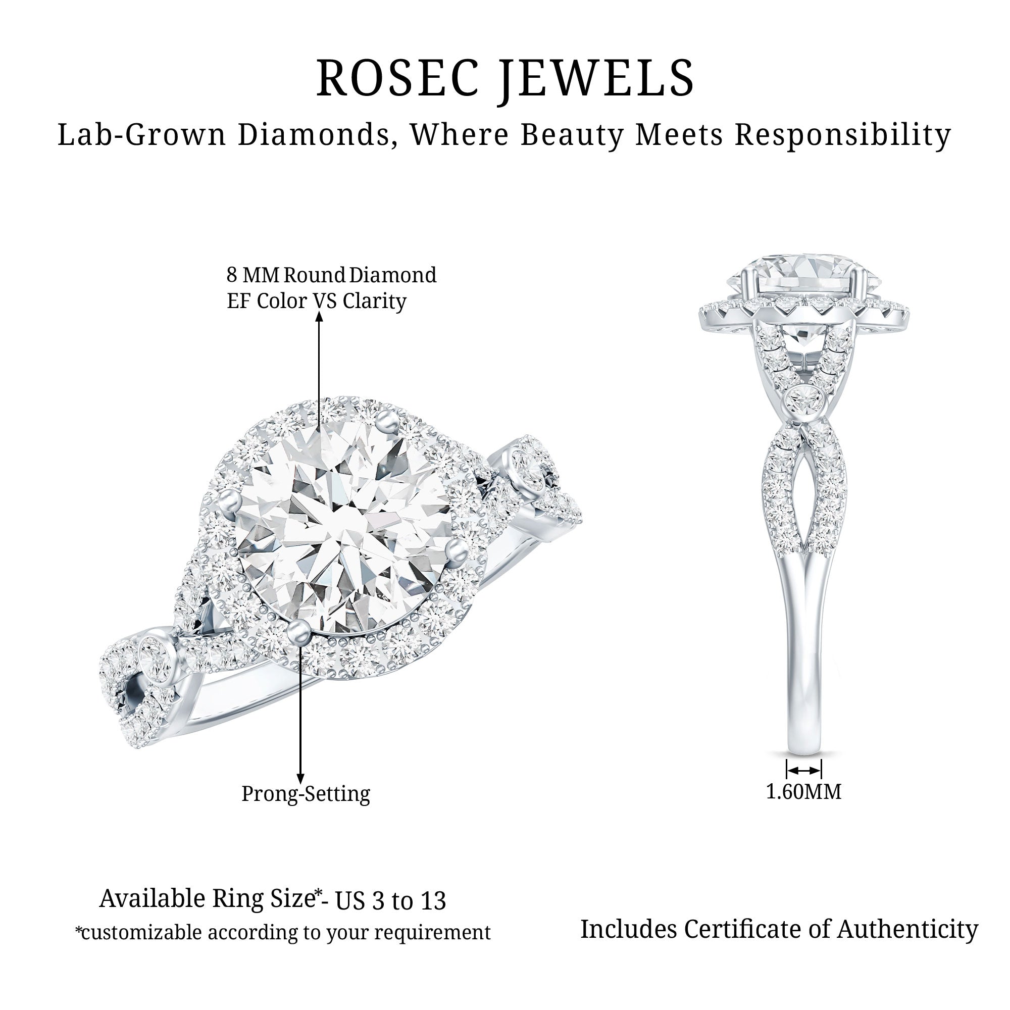 Criss Cross Lab Grown Diamond Halo Engagement Ring For Women Lab - ( EF-VS ) - Rosec Jewels