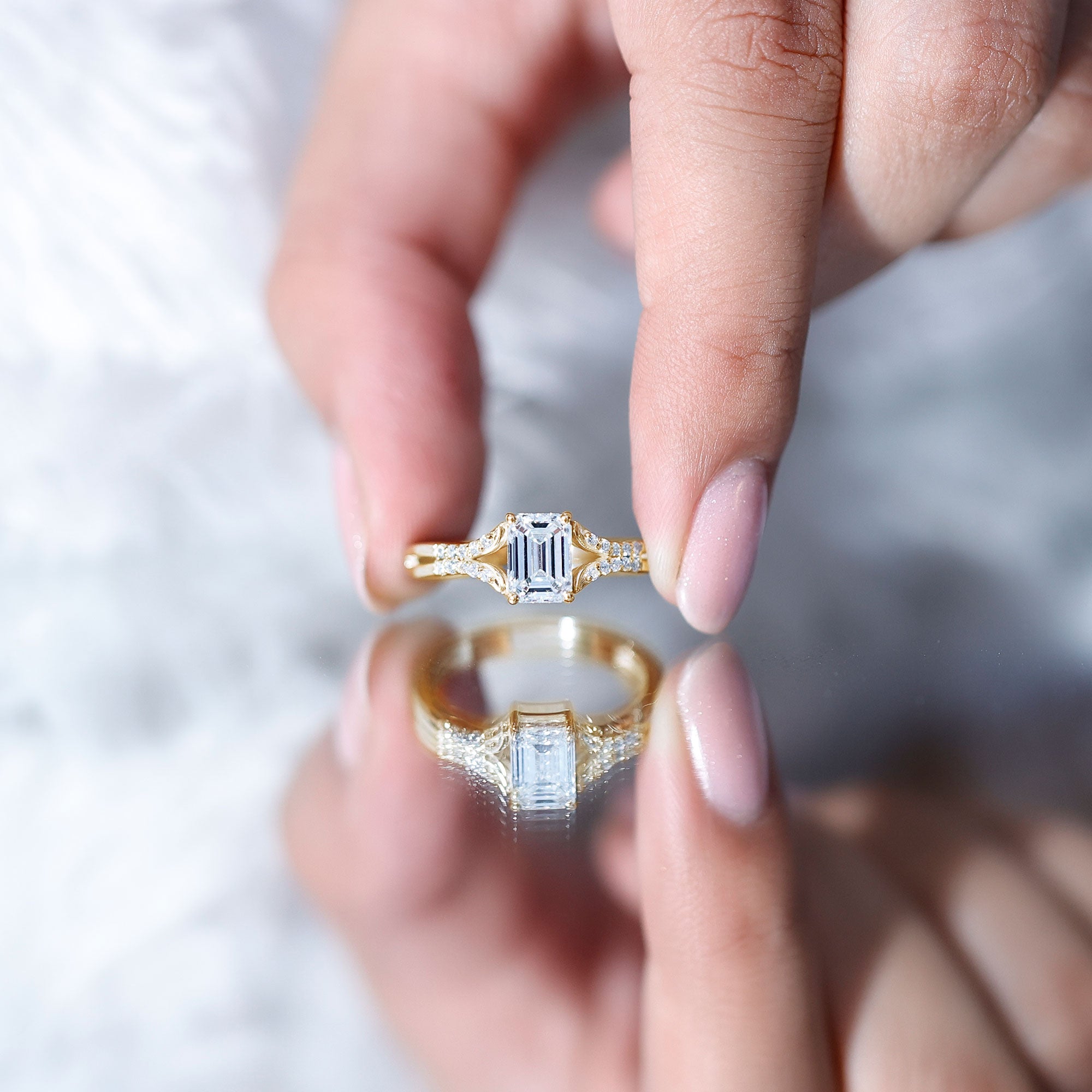 Emerald Cut Lab Diamond Engagement Ring With Split Shank Ring Lab - ( EF-VS ) - Rosec Jewels