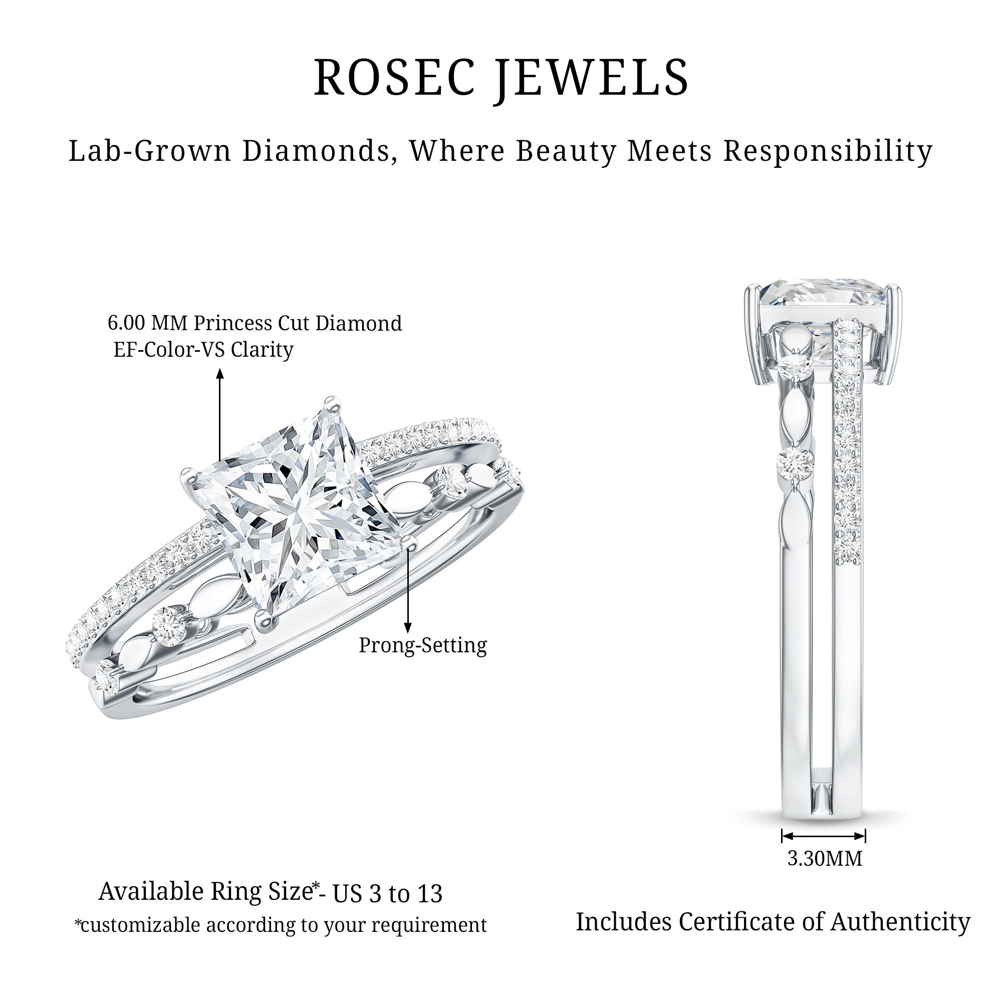 Brilliant Cut Lab Grown Diamond Solitaire Double Band Ring for Women Lab - ( EF-VS ) - Rosec Jewels