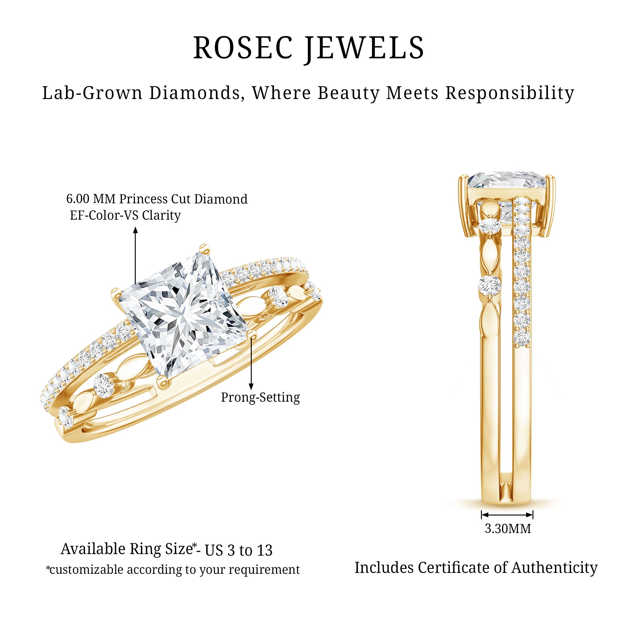 Brilliant Cut Lab Grown Diamond Solitaire Double Band Ring for Women Lab - ( EF-VS ) - Rosec Jewels