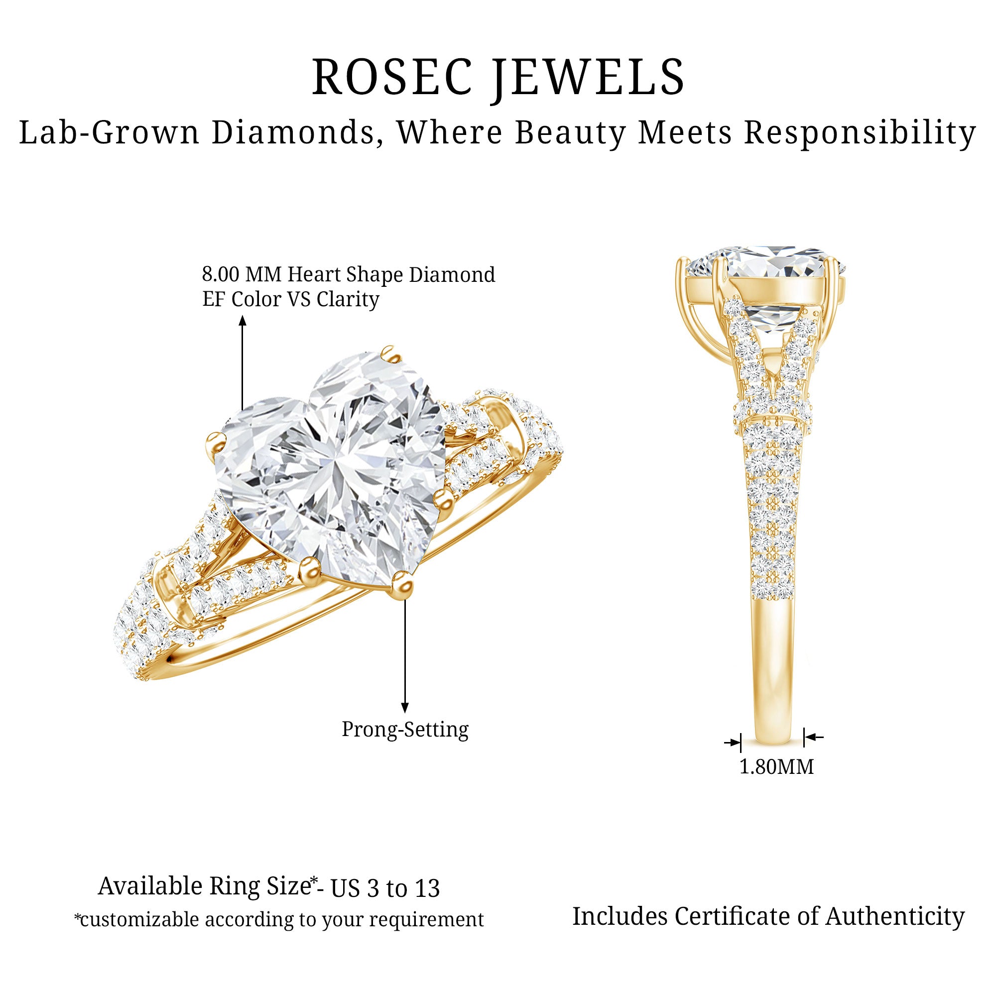 8 mm Lab Grown Diamond Heart Shape Engagement Ring Lab - ( EF-VS ) - Rosec Jewels
