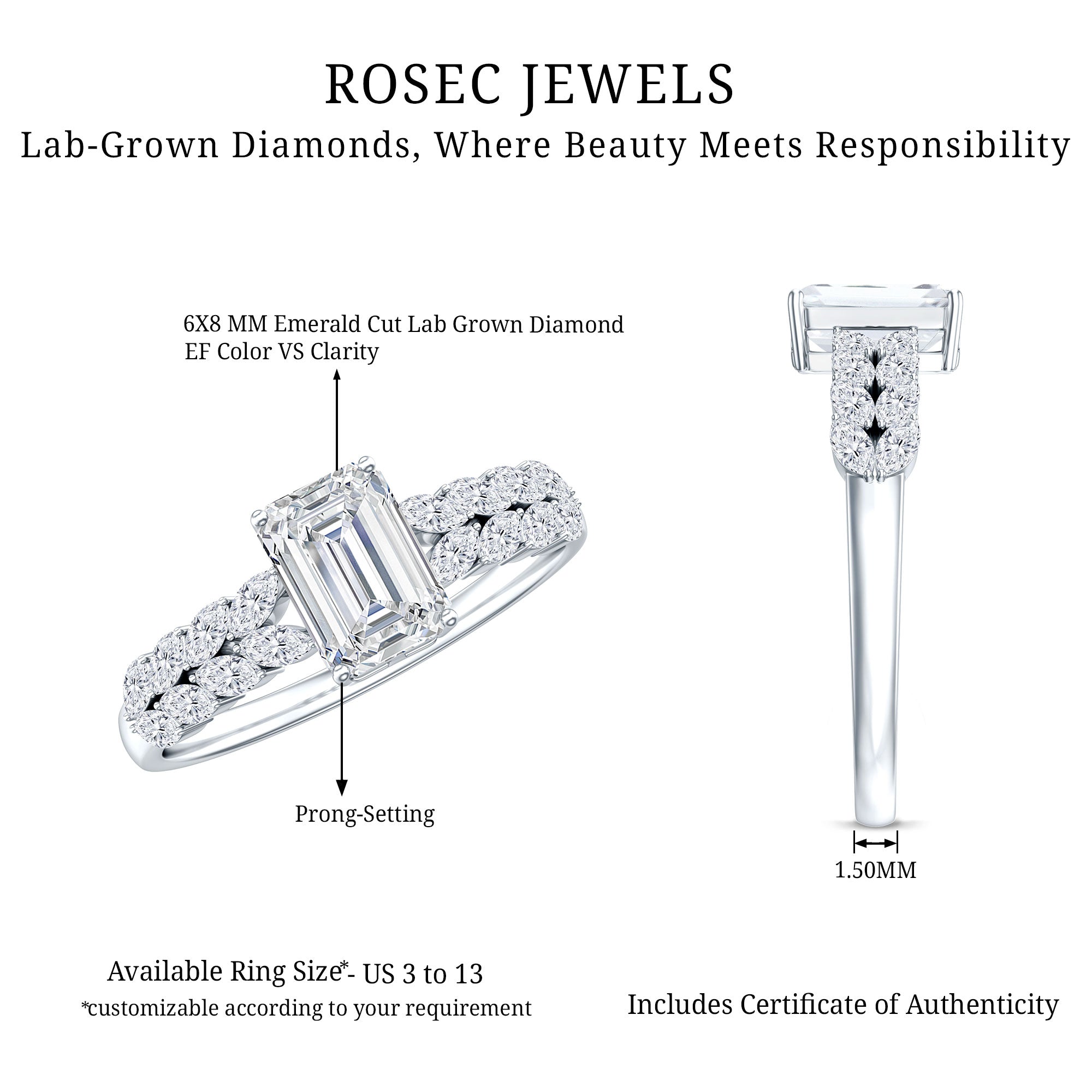 2 Carat Lab Grown Diamond Ring For Women With Certificate Lab - ( EF-VS ) - Rosec Jewels