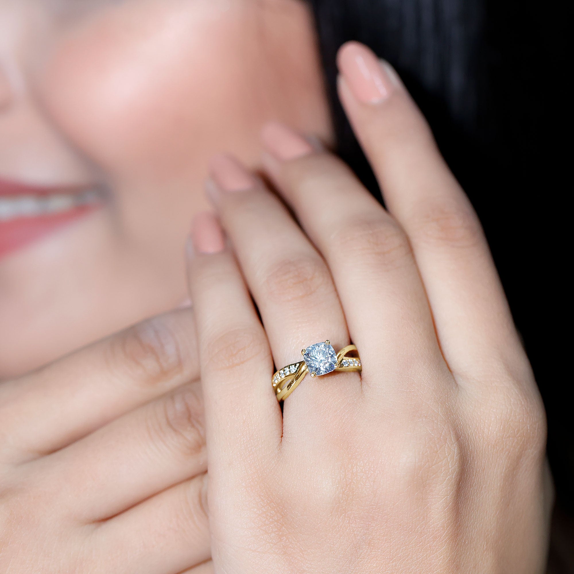 Rosec Jewels-Cushion Cut Diamond Infinity Solitaire Ring with Side Stones