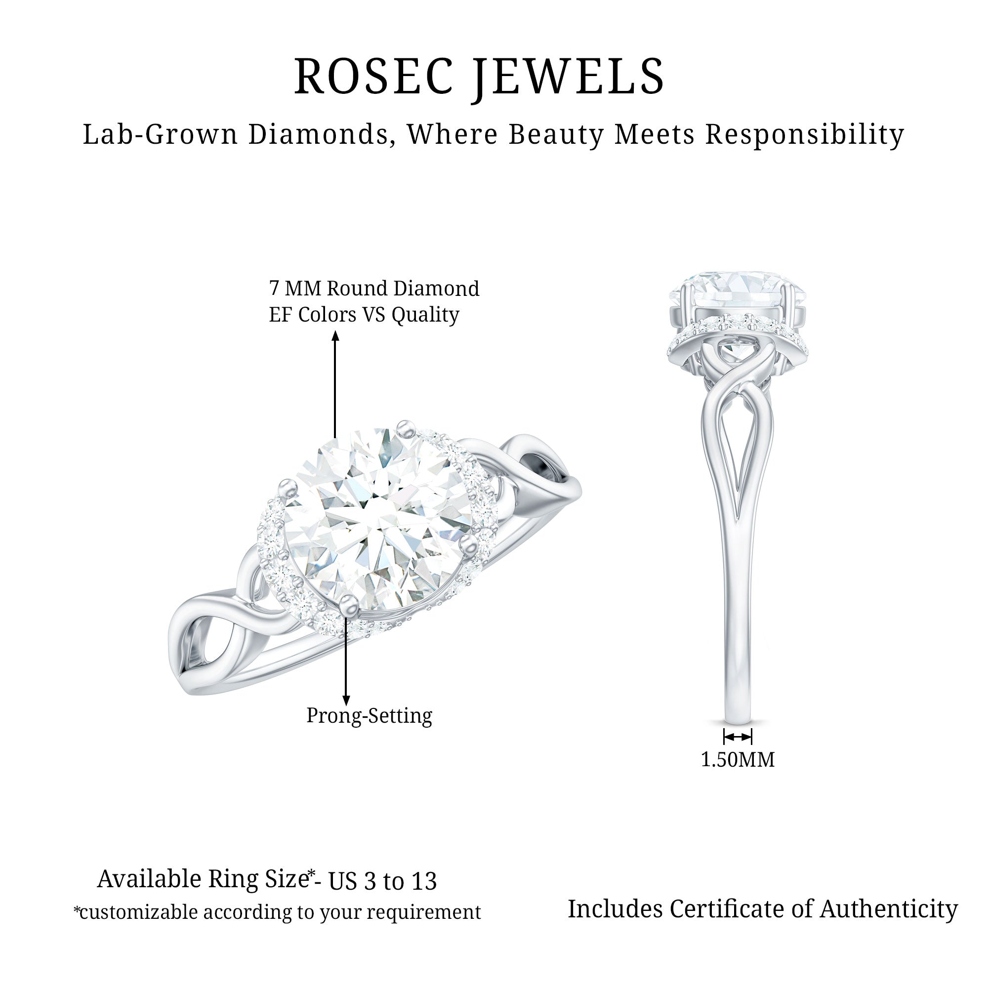 Rosec Jewels-7 MM Round Lab Created Diamond Solitaire Infinity Ring for Her