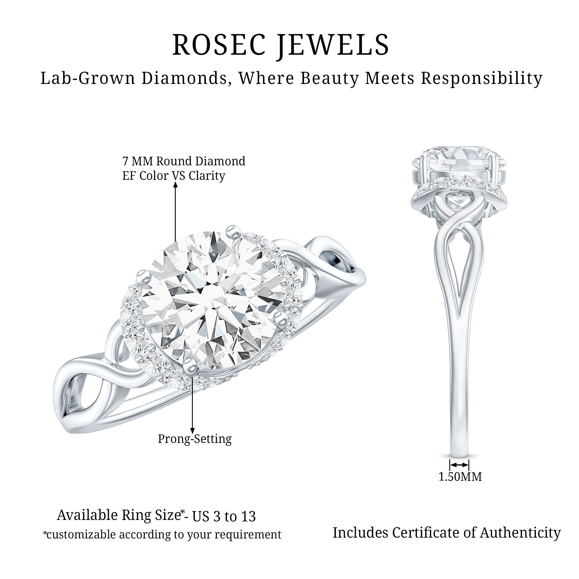 7 MM Round Lab Created Diamond Solitaire Infinity Ring for Her Lab - ( EF-VS ) - Rosec Jewels