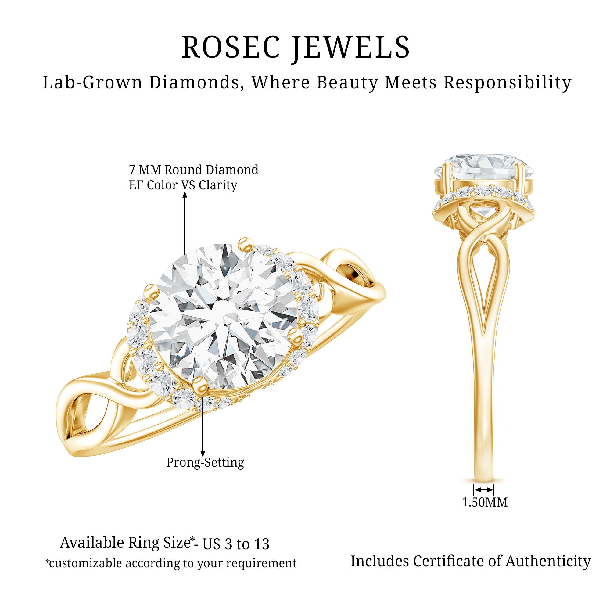 7 MM Round Lab Created Diamond Solitaire Infinity Ring for Her Lab - ( EF-VS ) - Rosec Jewels