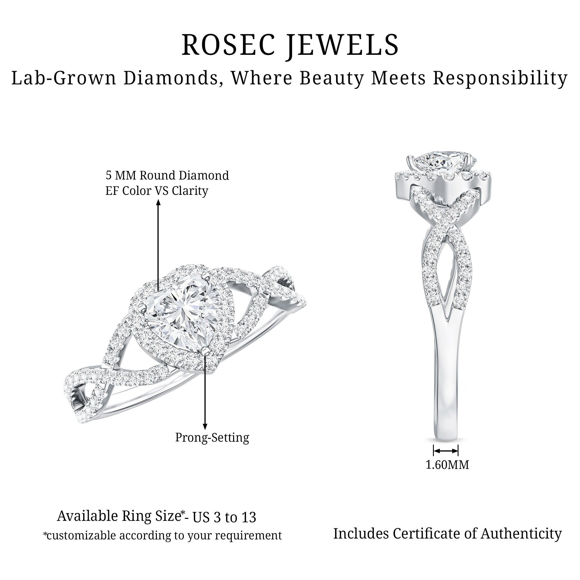 Lab Grown Diamond Heart Engagement Ring with Halo Design Lab - ( EF-VS ) - Rosec Jewels