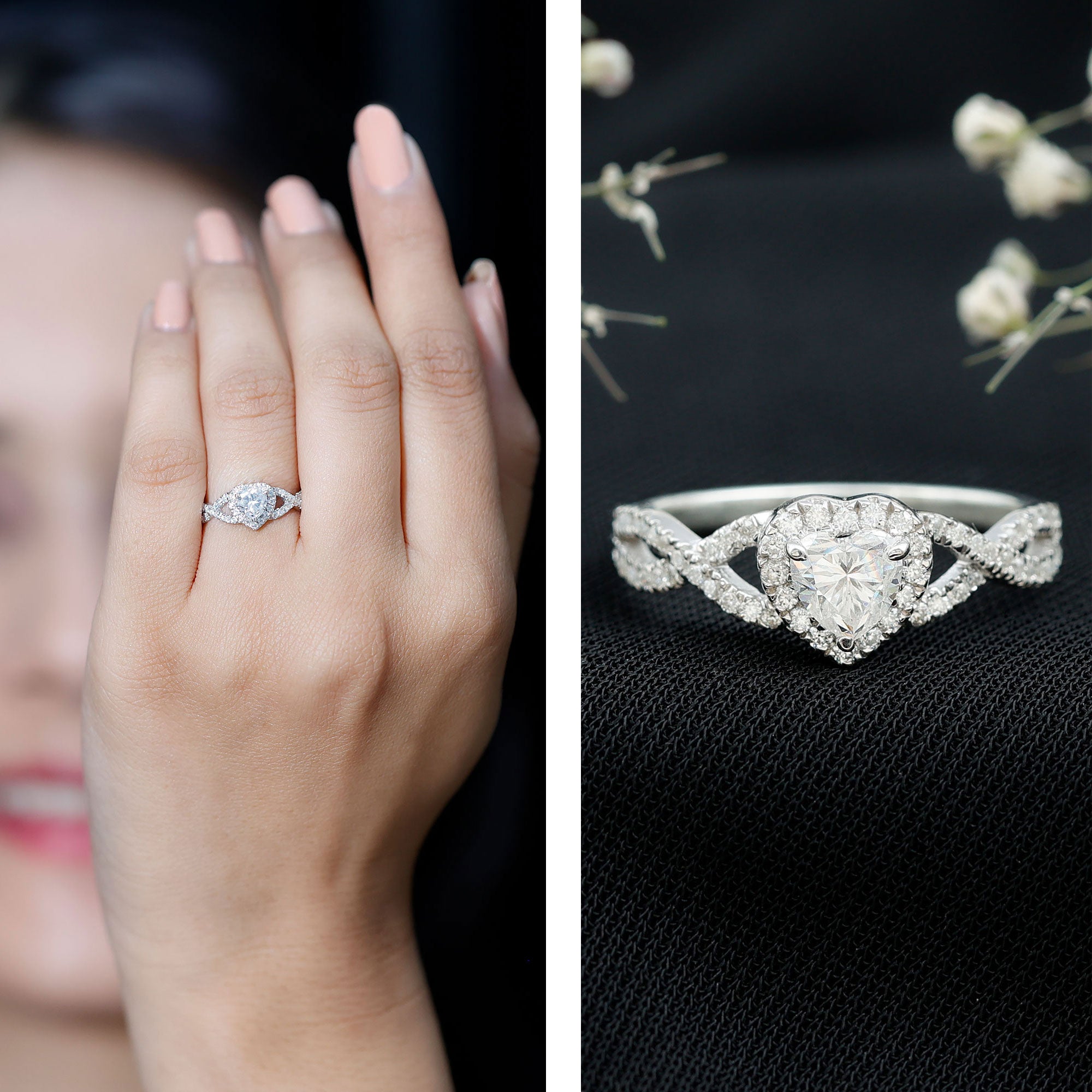 Lab Grown Diamond Heart Engagement Ring with Halo Design Lab - ( EF-VS ) - Rosec Jewels