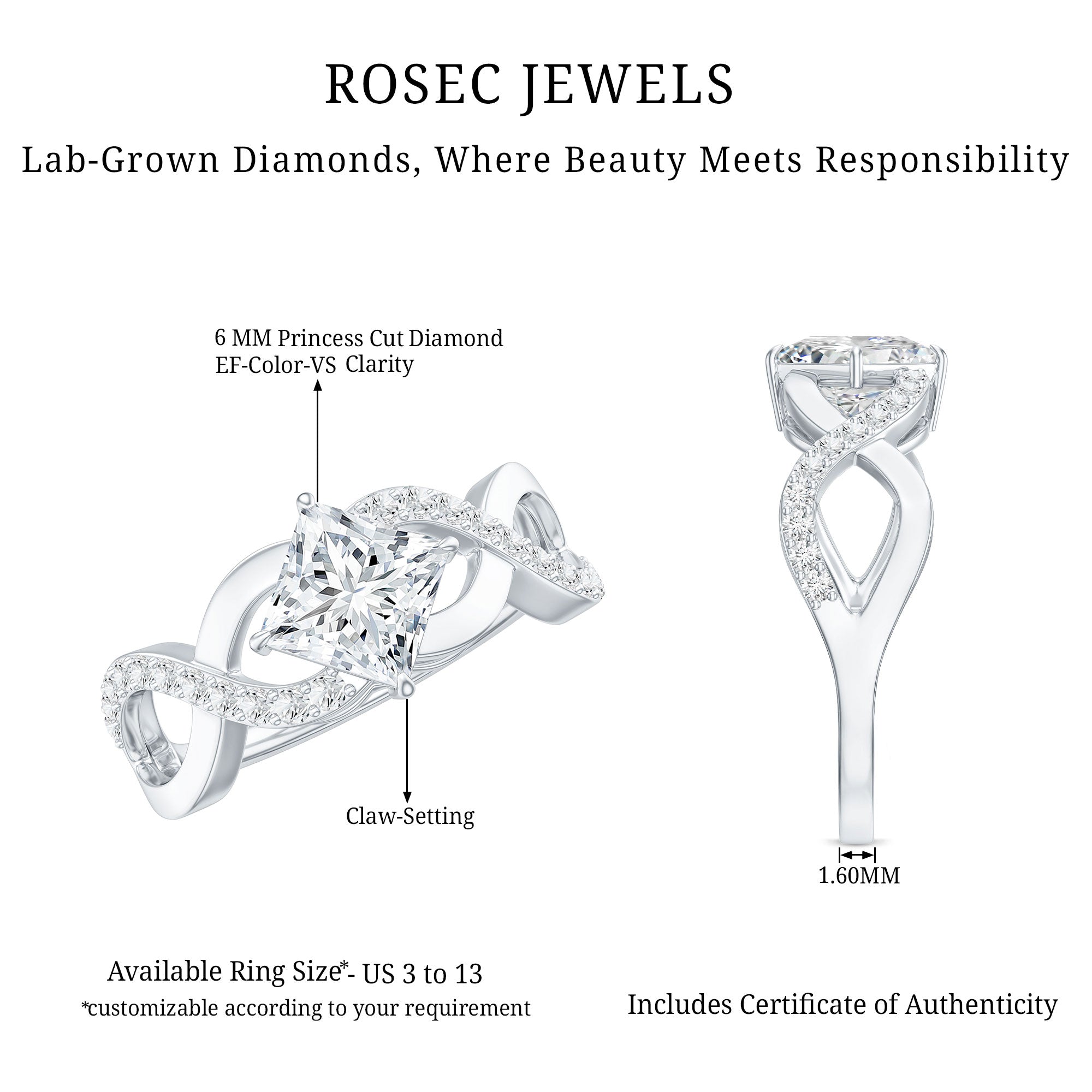 Lab Diamond Crossover Ring with Side Stones Lab - ( EF-VS ) - Rosec Jewels