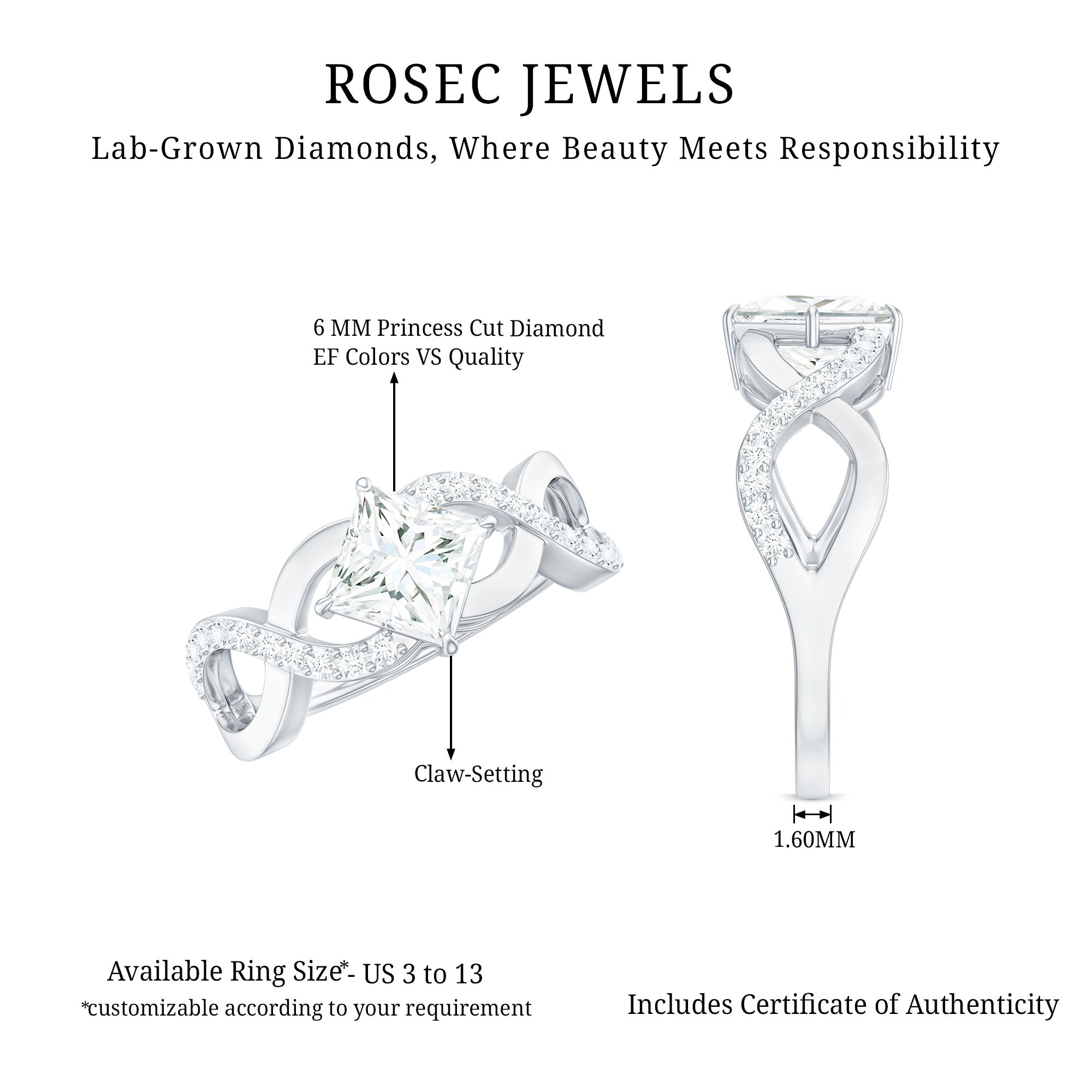 Rosec Jewels-Lab Diamond Crossover Ring with Side Stones